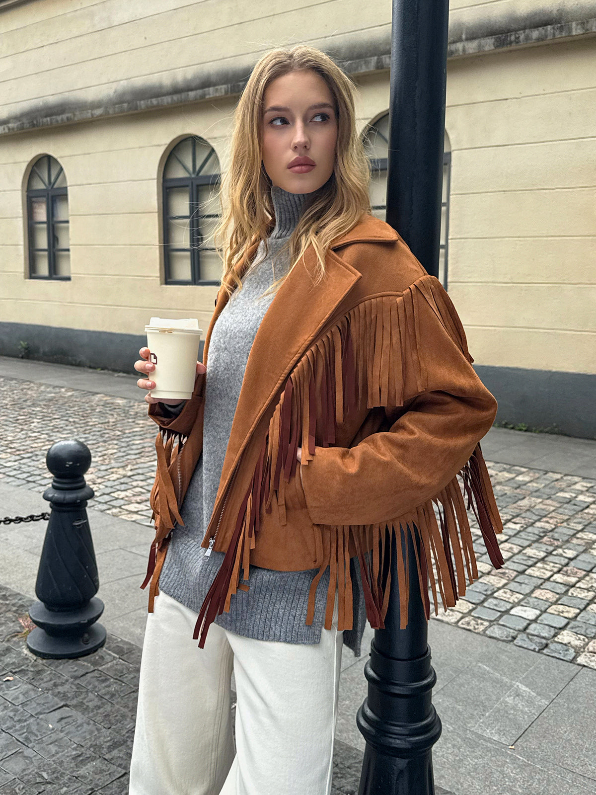 Lapel Collar Fringe Jacket-Chicvia
