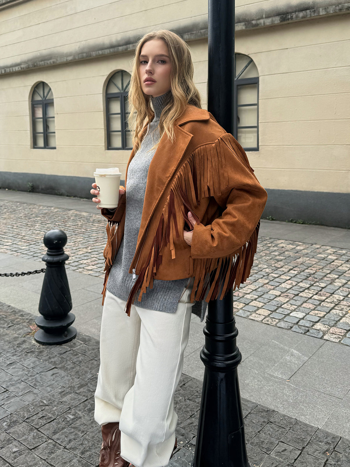 Lapel Collar Fringe Jacket-Chicvia