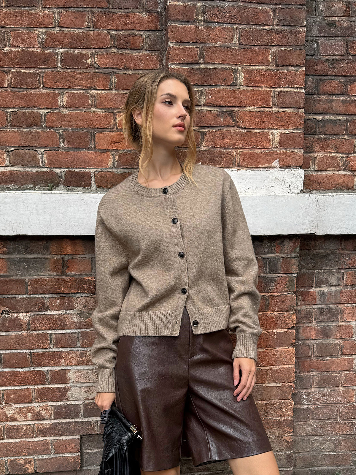 Crew Neck Button-Front Knit Cardigan-Chicvia