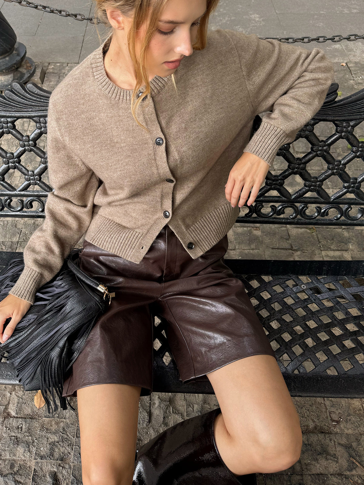 Crew Neck Button-Front Knit Cardigan-Chicvia