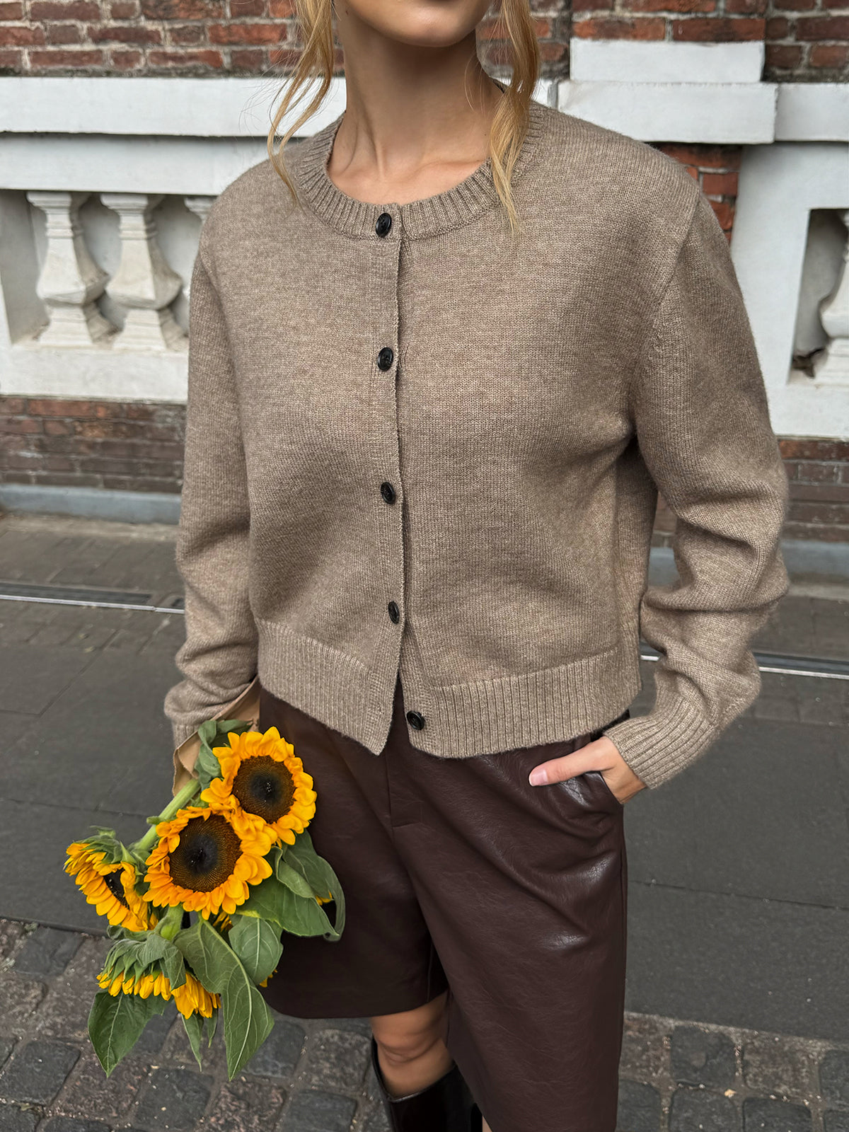 Crew Neck Button-Front Knit Cardigan-Chicvia