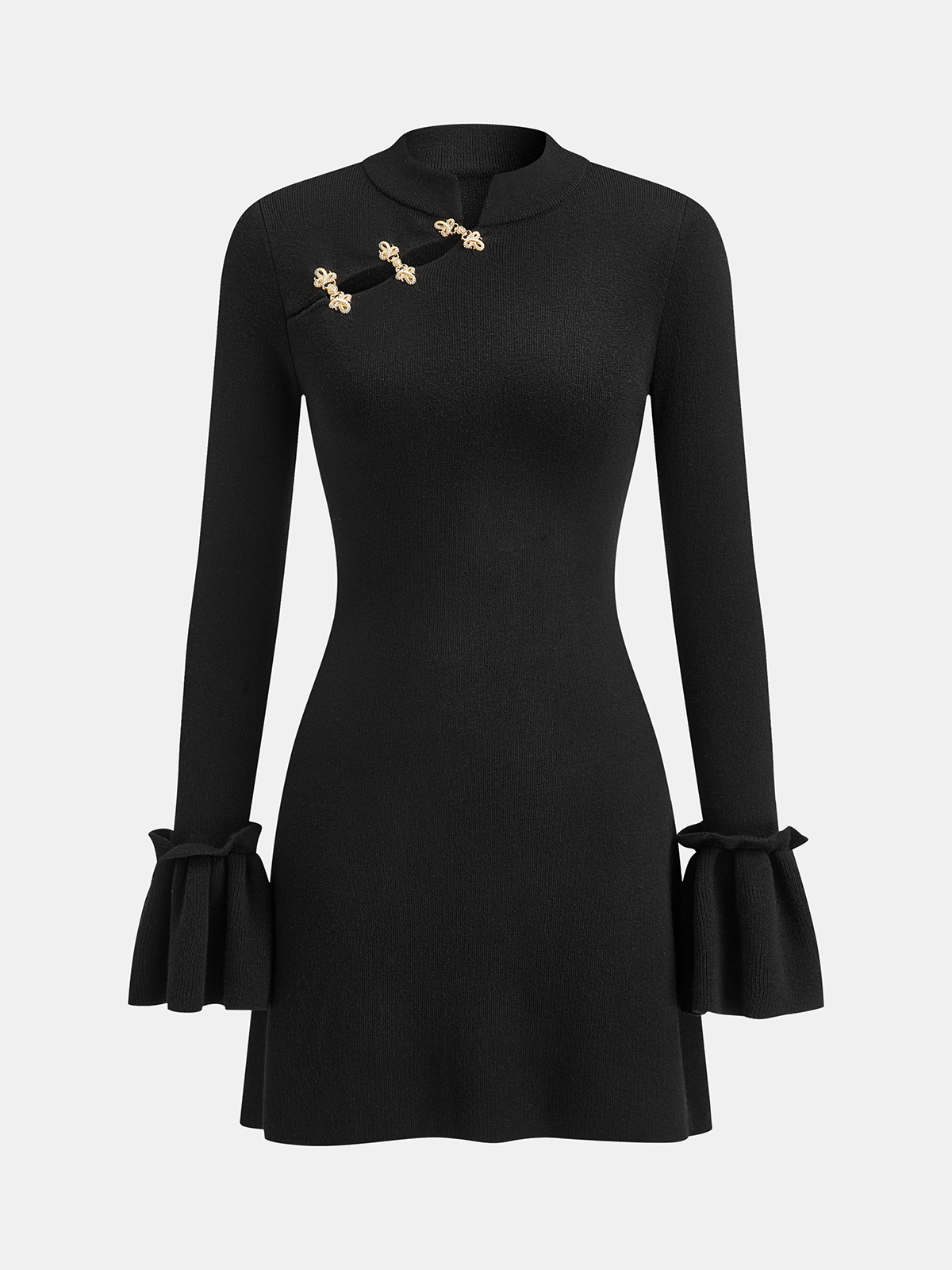 Mandarin Collar Bell Sleeve Metal Detail Knit Dress-Chicvia