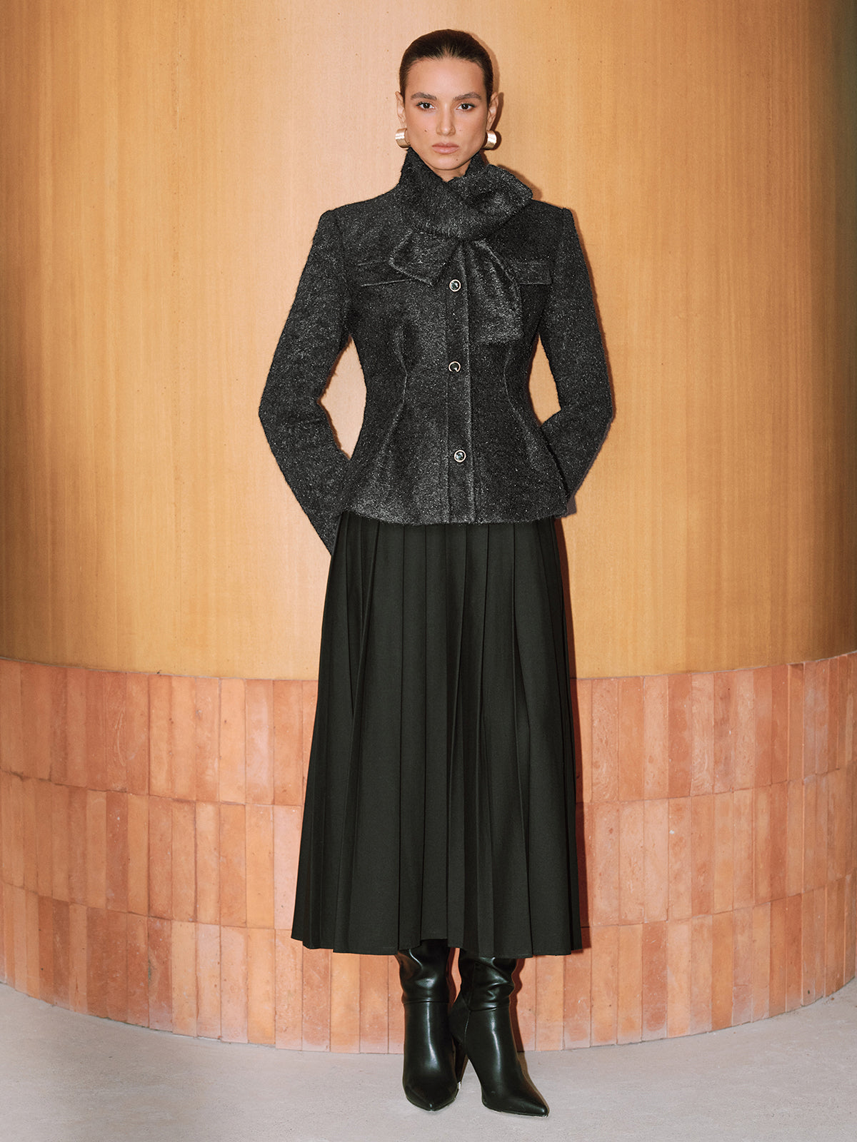 Button-Front Wool-Blend Coat with Scarf-Chicvia