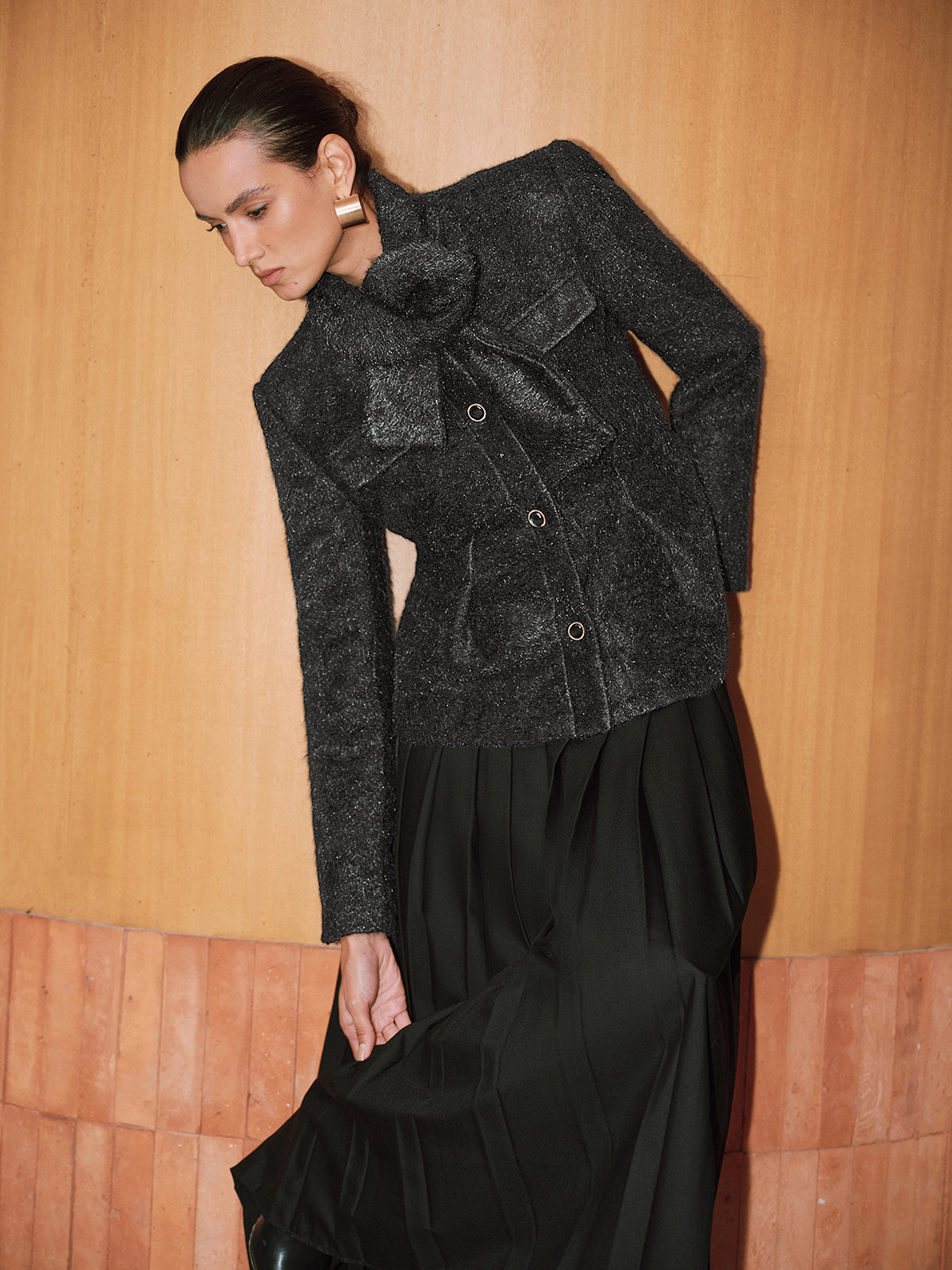 Button-Front Wool-Blend Coat with Scarf-Chicvia