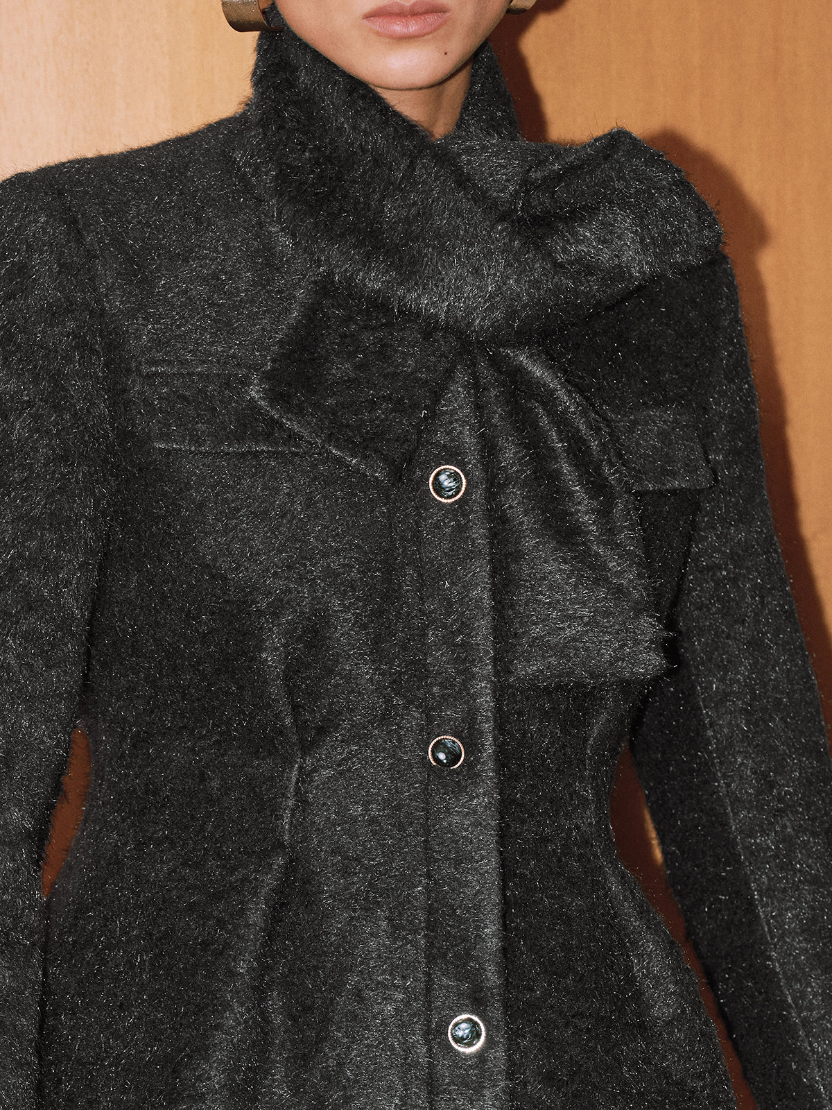 Button-Front Wool-Blend Coat with Scarf-Chicvia