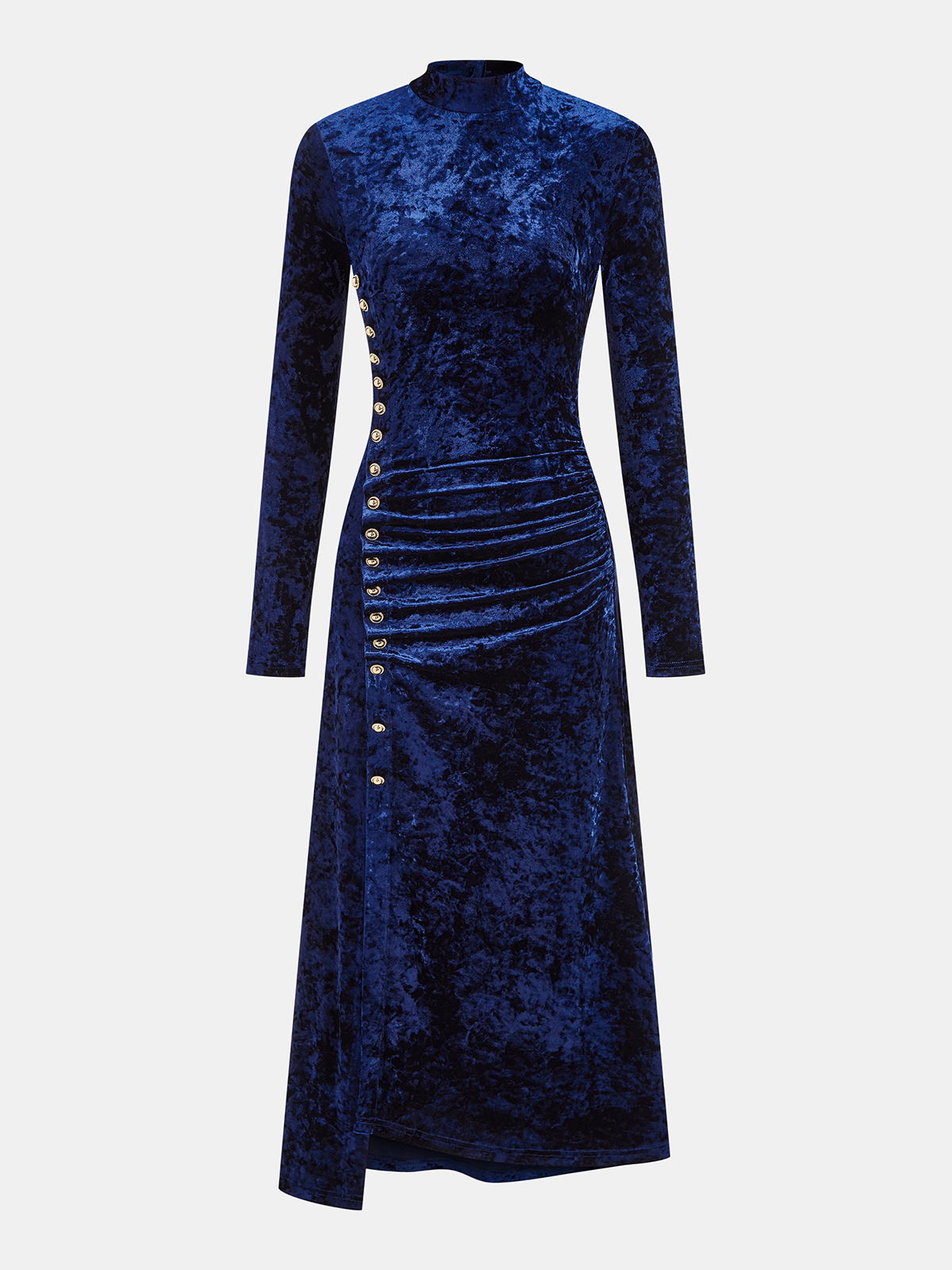 Metal Button Ruched Velvet Maxi Dress-Chicvia