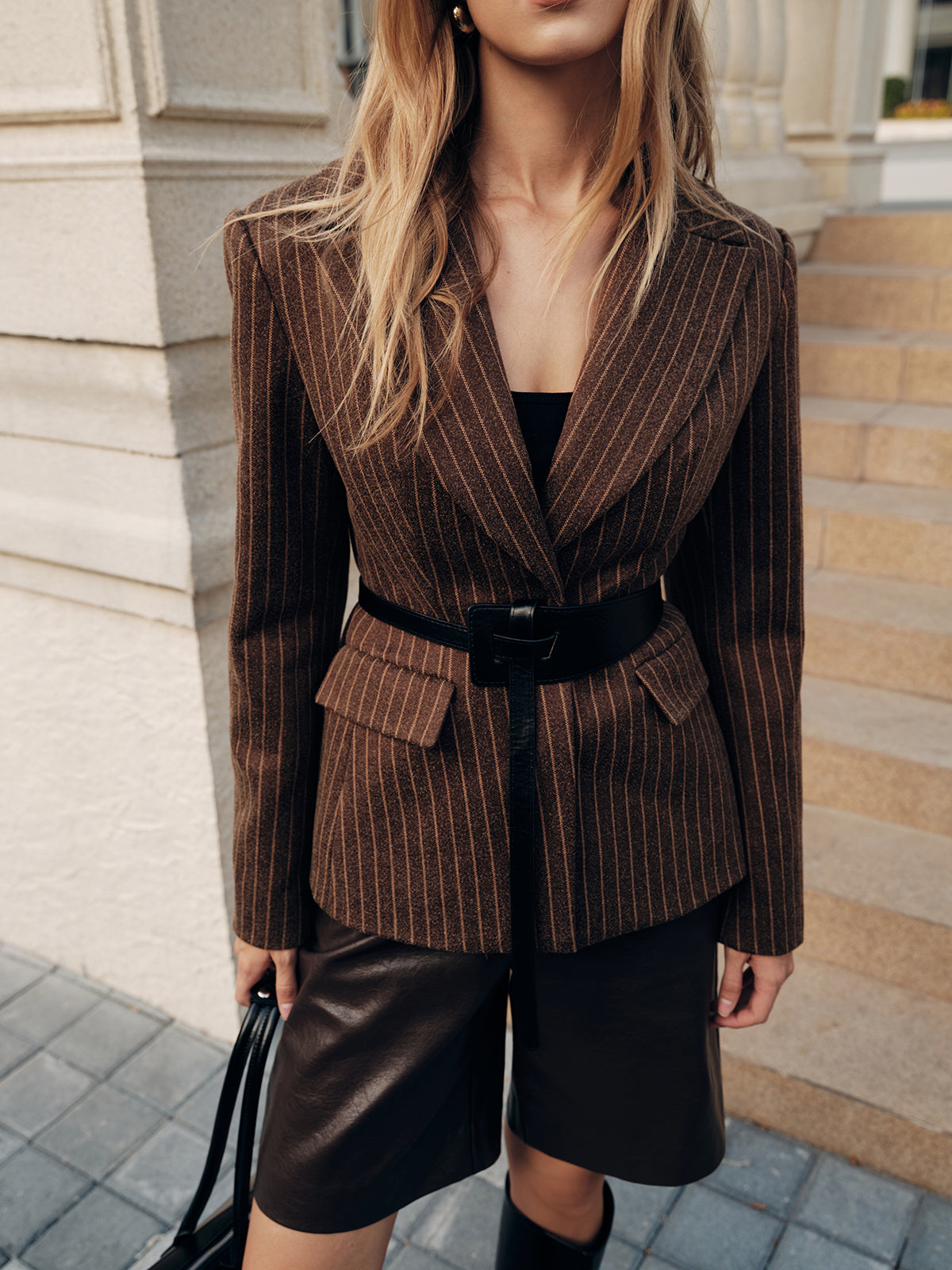 Belted Striped Tweed Blazers-Chicvia