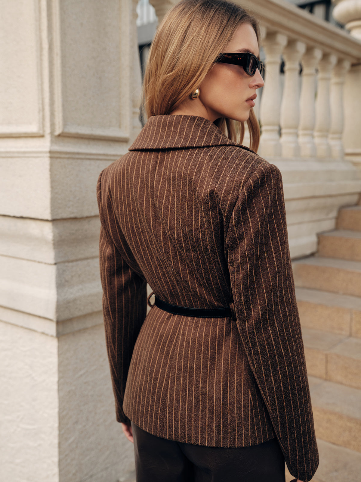 Belted Striped Tweed Blazers-Chicvia