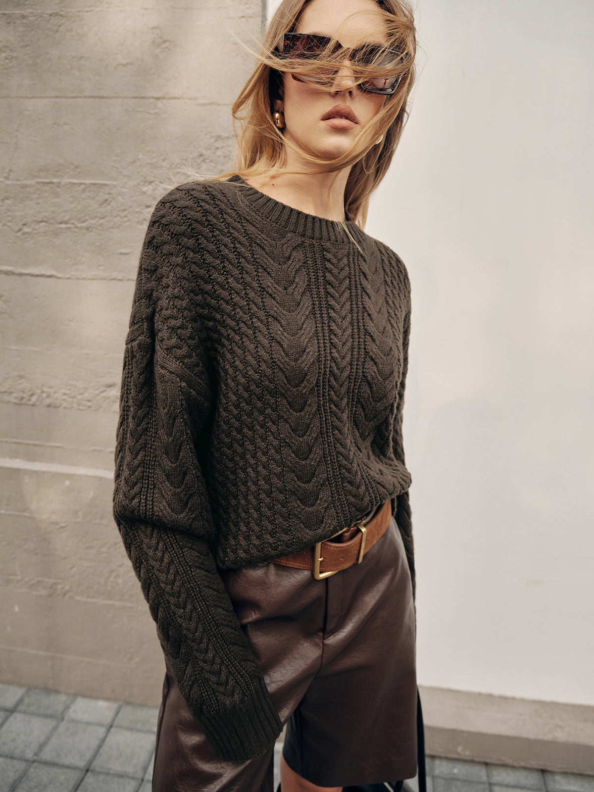 Cable Knit Loose Sweater-Chicvia