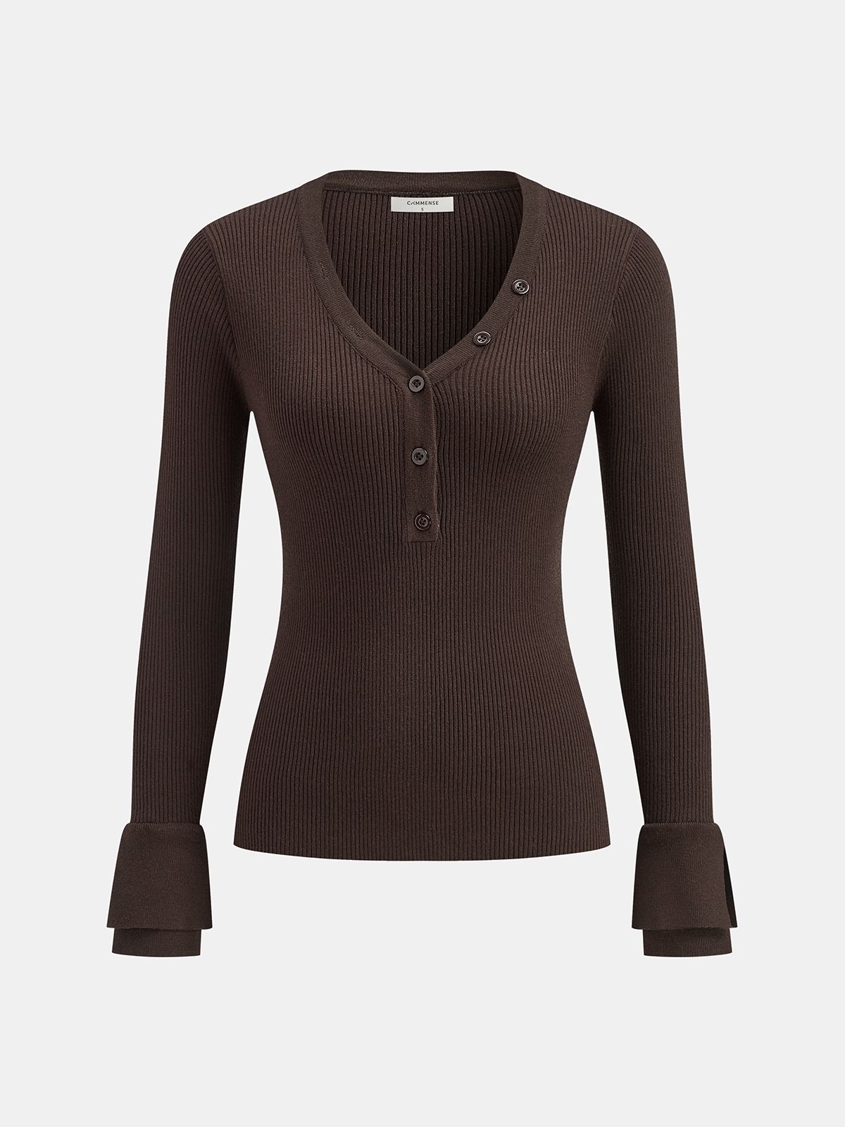 Flared Cuff Ribbed Knit Henley Top-Chicvia