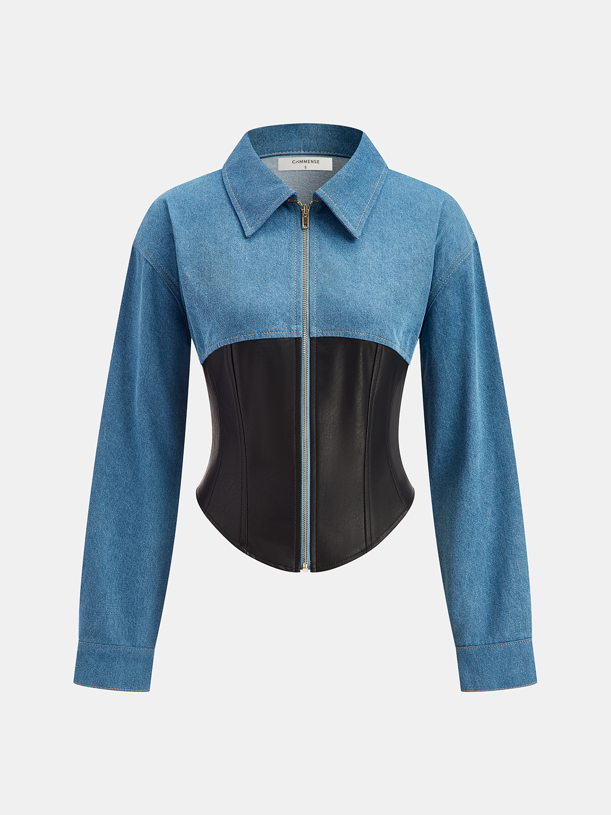Collared Zip-Up Denim Paneled Corset Jacket-Chicvia