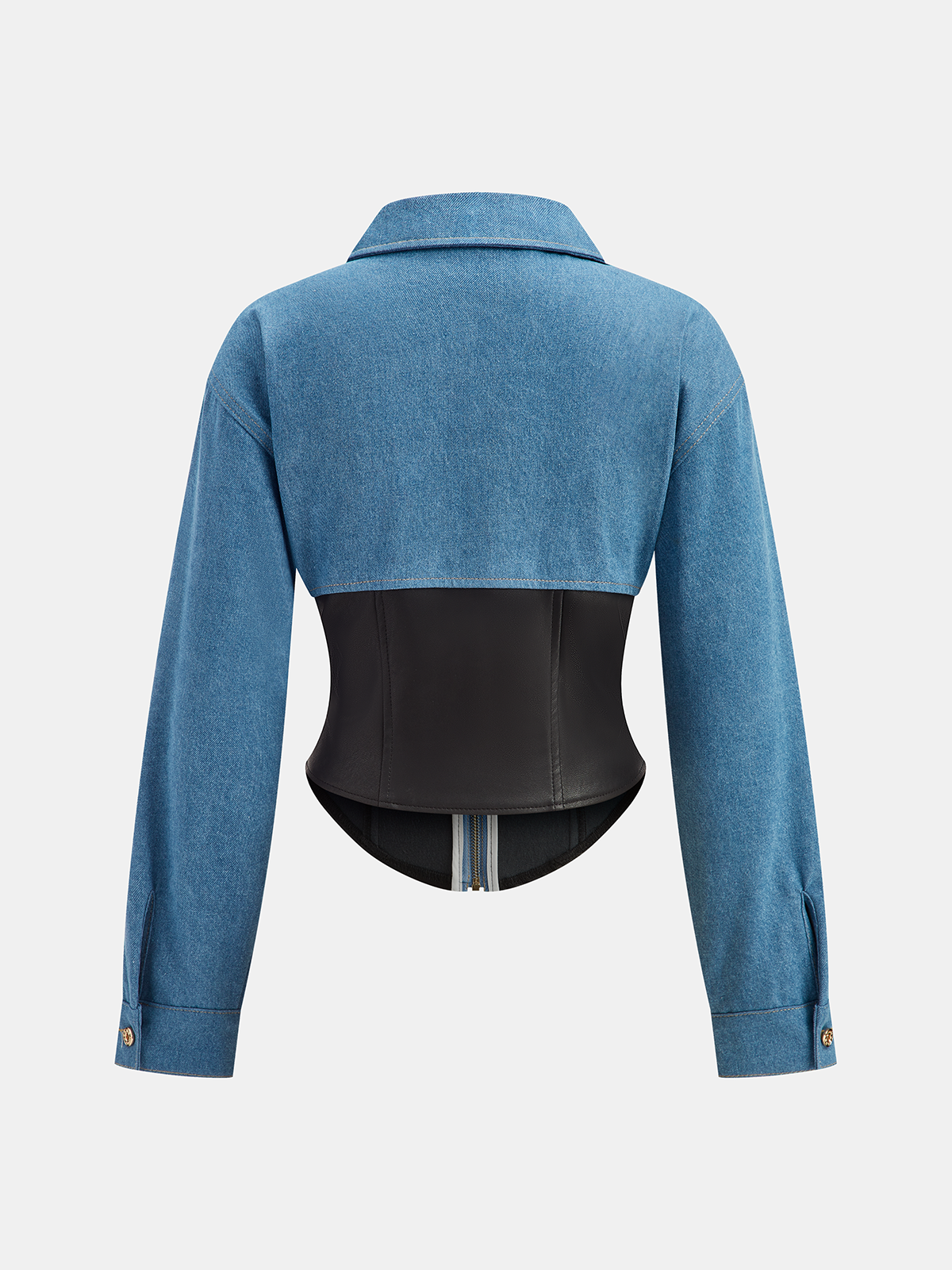 Collared Zip-Up Denim Paneled Corset Jacket-Chicvia