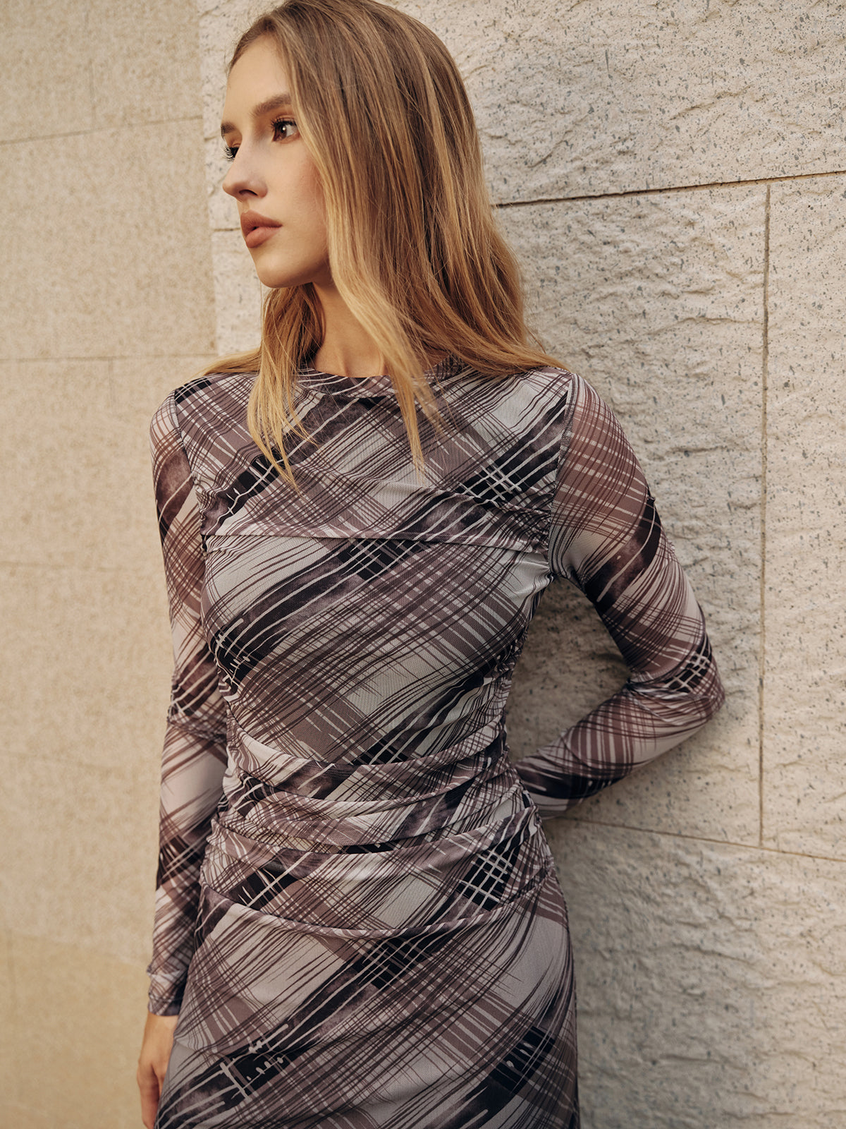 Long Sleeve Plaid Mesh Ruched Maxi Dress-Chicvia