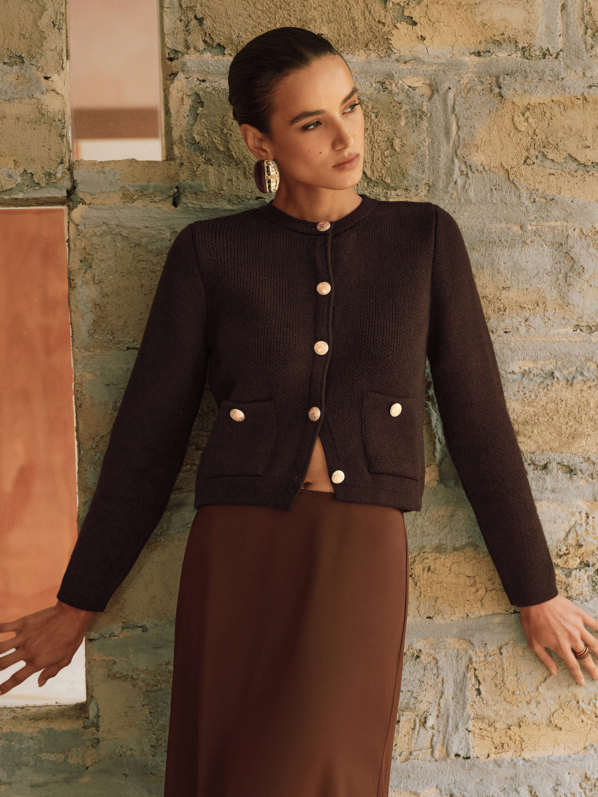 Metal Button Wool-Blend Knit Cardigan-Chicvia