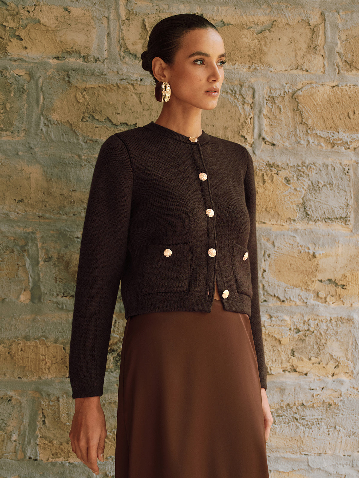 Metal Button Wool-Blend Knit Cardigan-Chicvia
