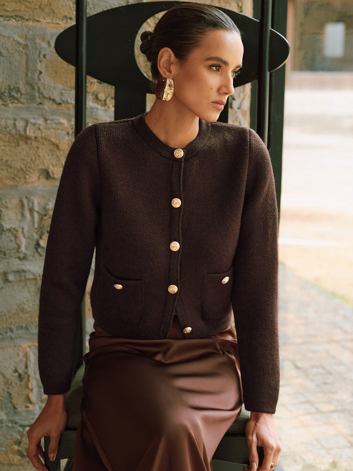 Metal Button Wool-Blend Knit Cardigan-Chicvia