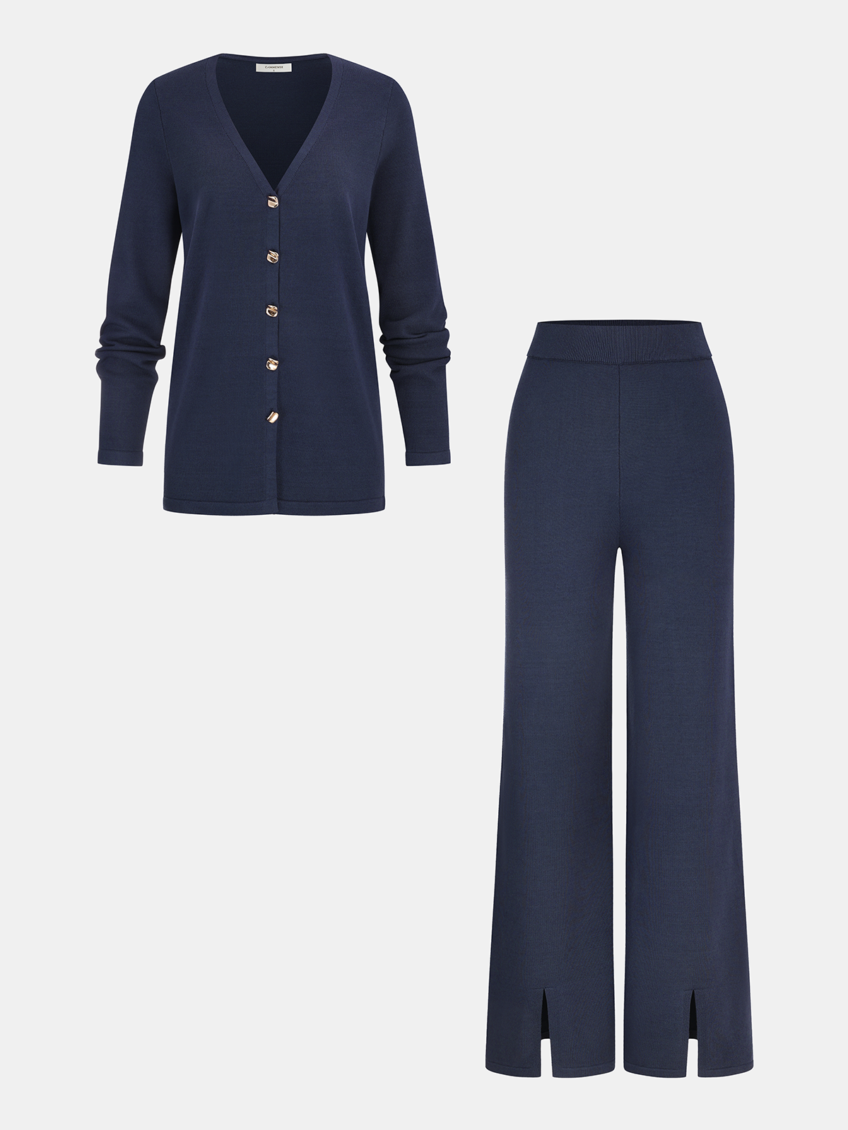 Knit V-Neck Cardigan and Slit Pants Set-Chicvia