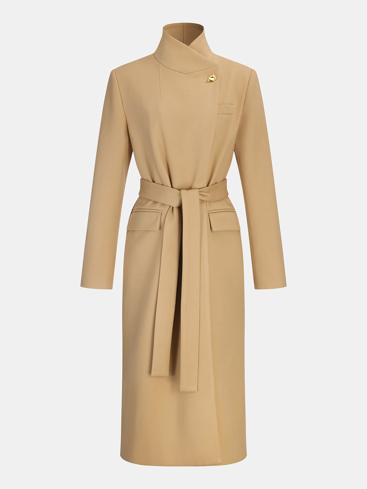 Belted Metal Button Stand Collar Longline Coat-Chicvia