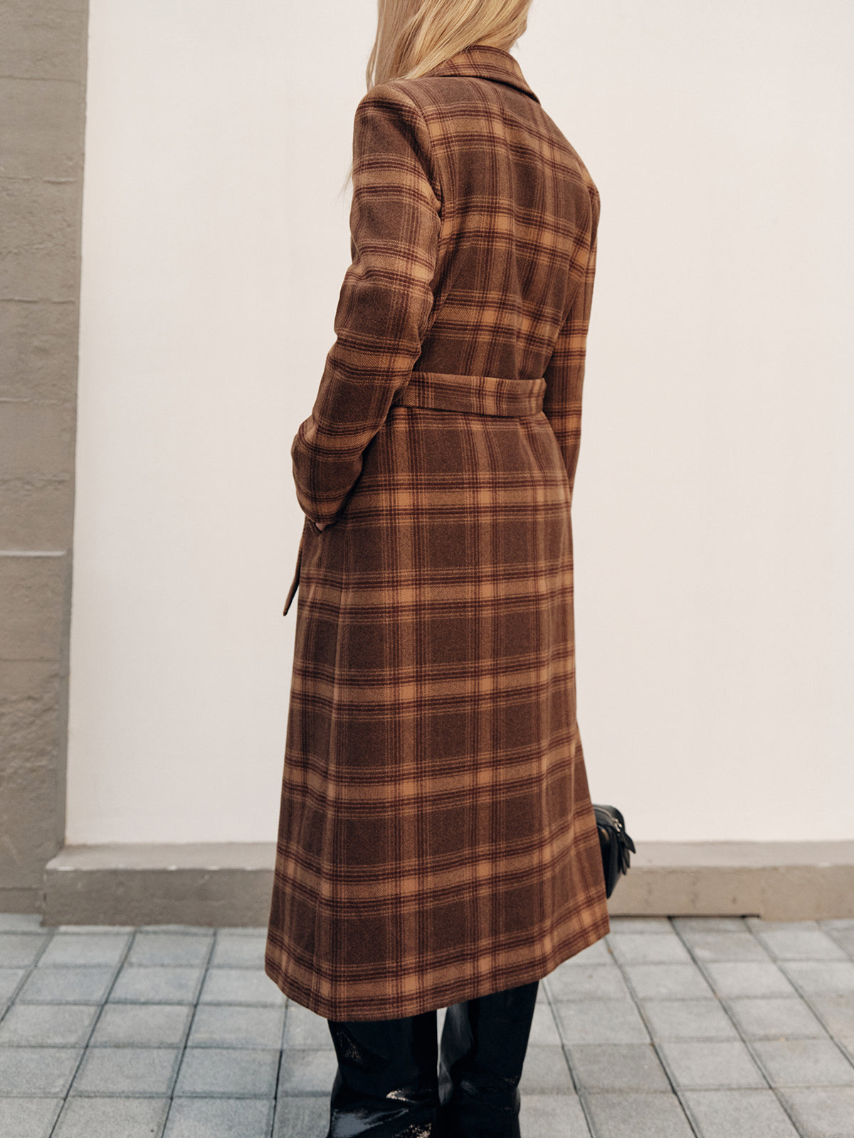 Belted Plaid Long Tweed Coat-Chicvia