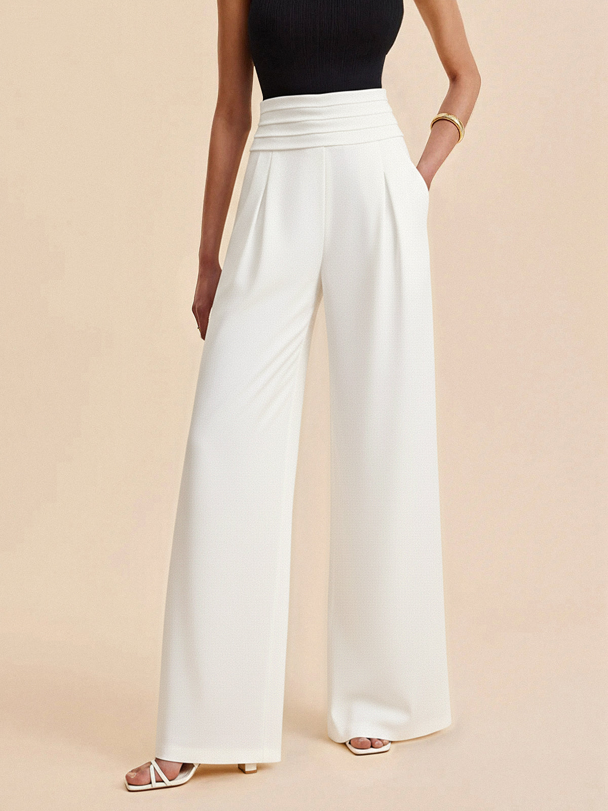 High-Waist Pleated-Waistband Wide-Leg Pants-Chicvia