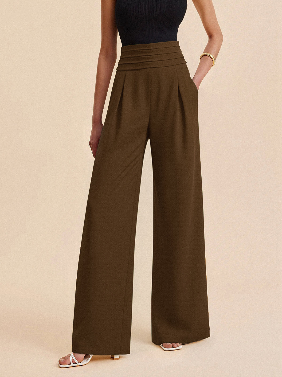 High-Waist Pleated-Waistband Wide-Leg Pants-Chicvia