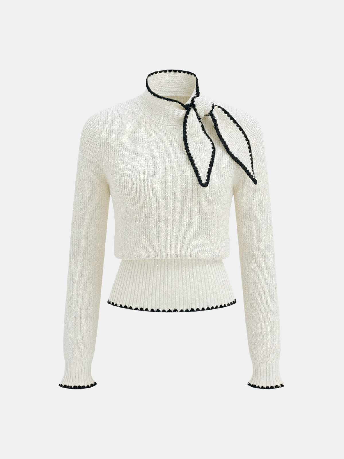 Mock Neck Tie Neck Contrast Stitch Sweater-Chicvia