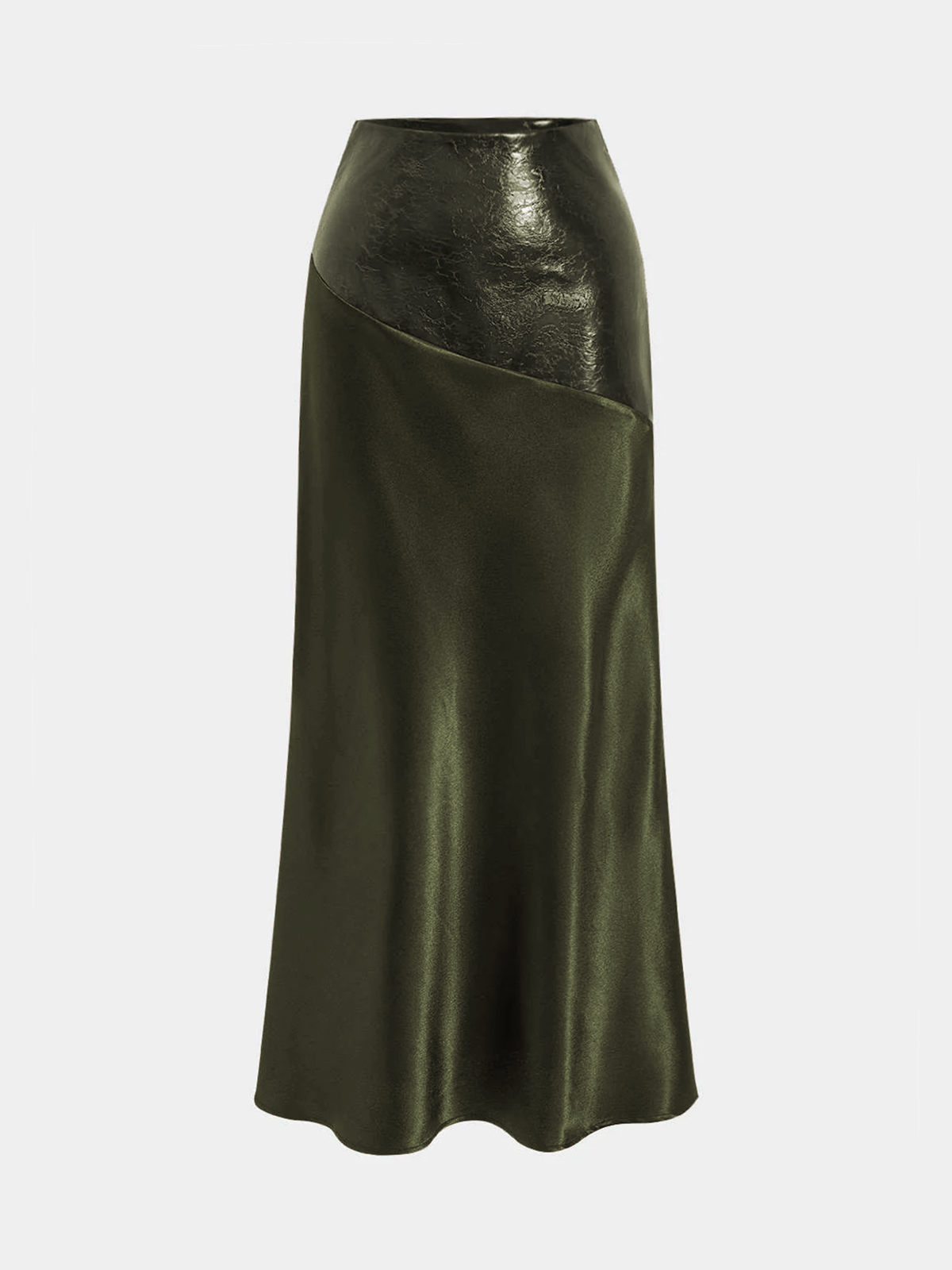 Faux Leather Panel Asymmetric Satin Maxi Skirt-Chicvia