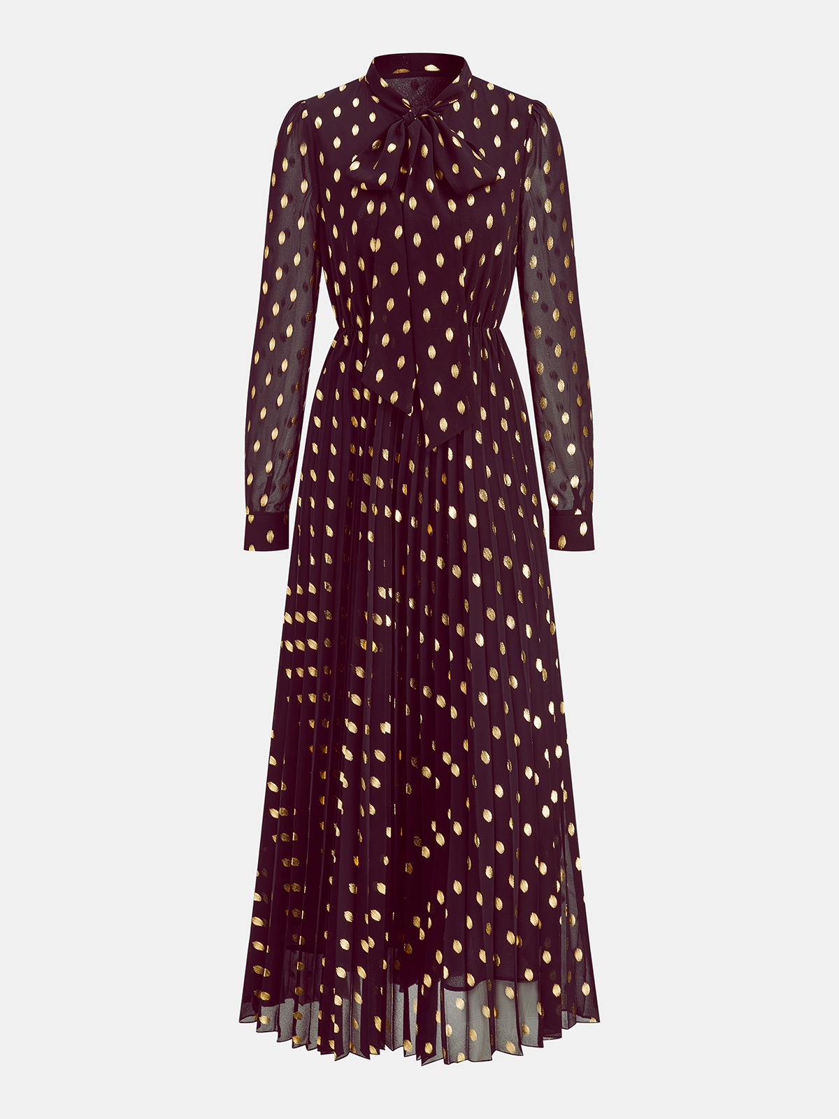 Long Sleeves Foil Spot Print A-Line Maxi Dress-Chicvia