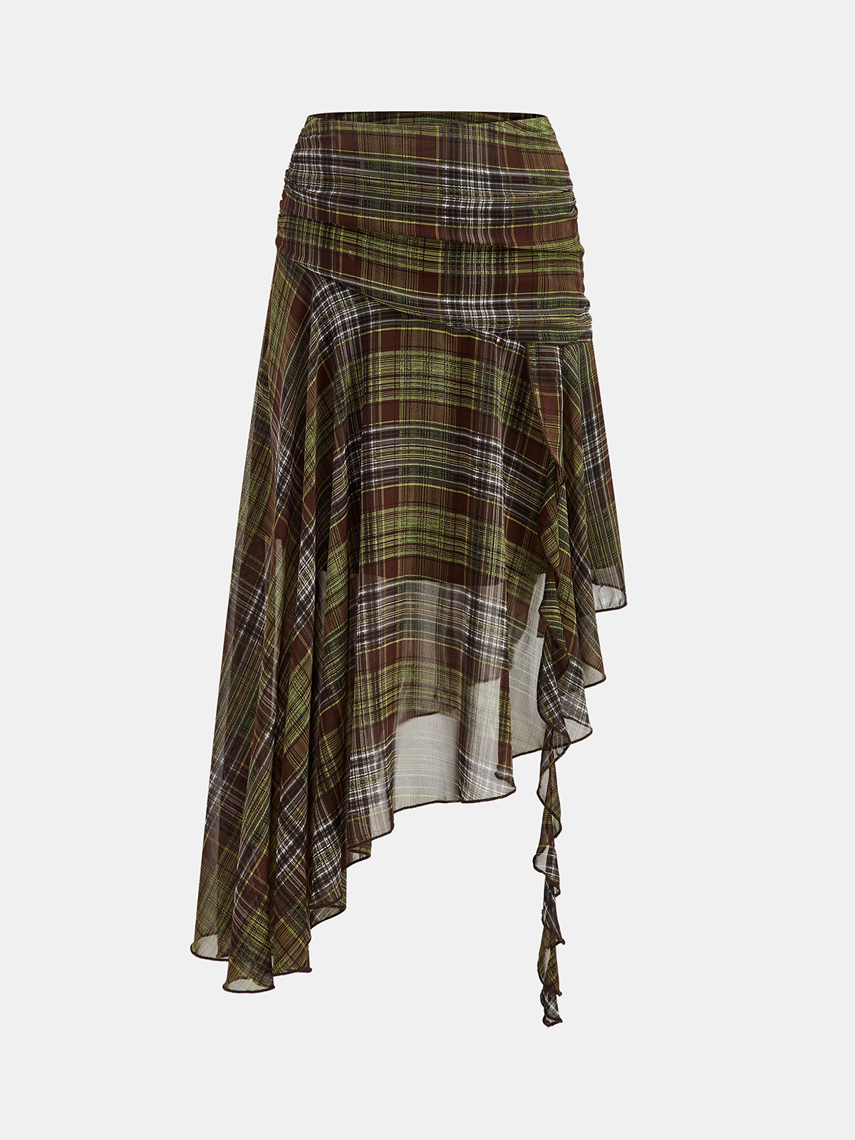 Plaid Chiffon Asymmetric Midi Skirt-Chicvia