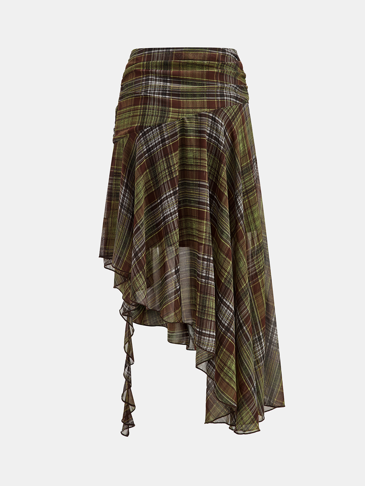 Plaid Chiffon Asymmetric Midi Skirt-Chicvia
