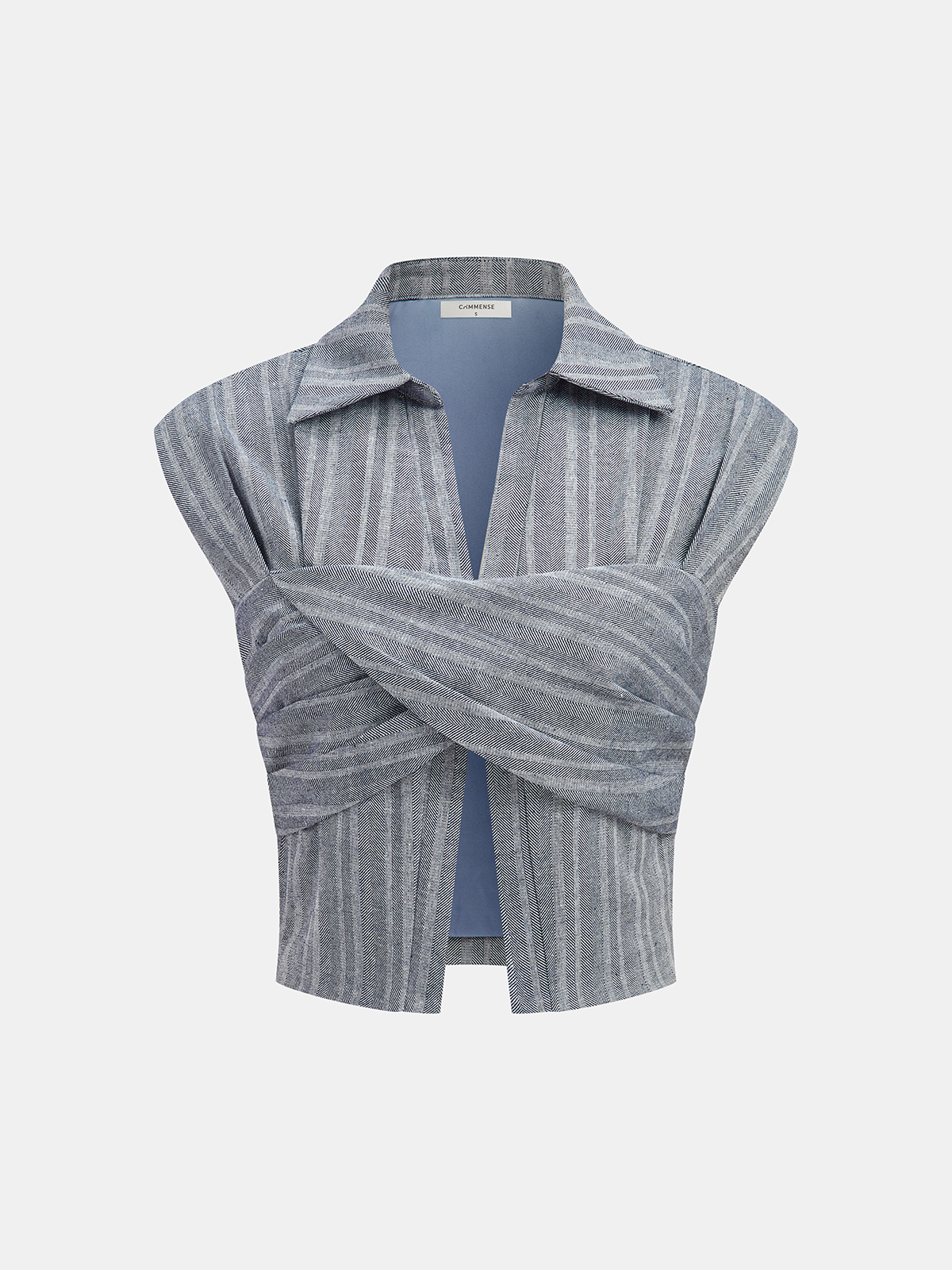 Linen Blend Cropped Blouse with Cross Wrap Detail-Chicvia