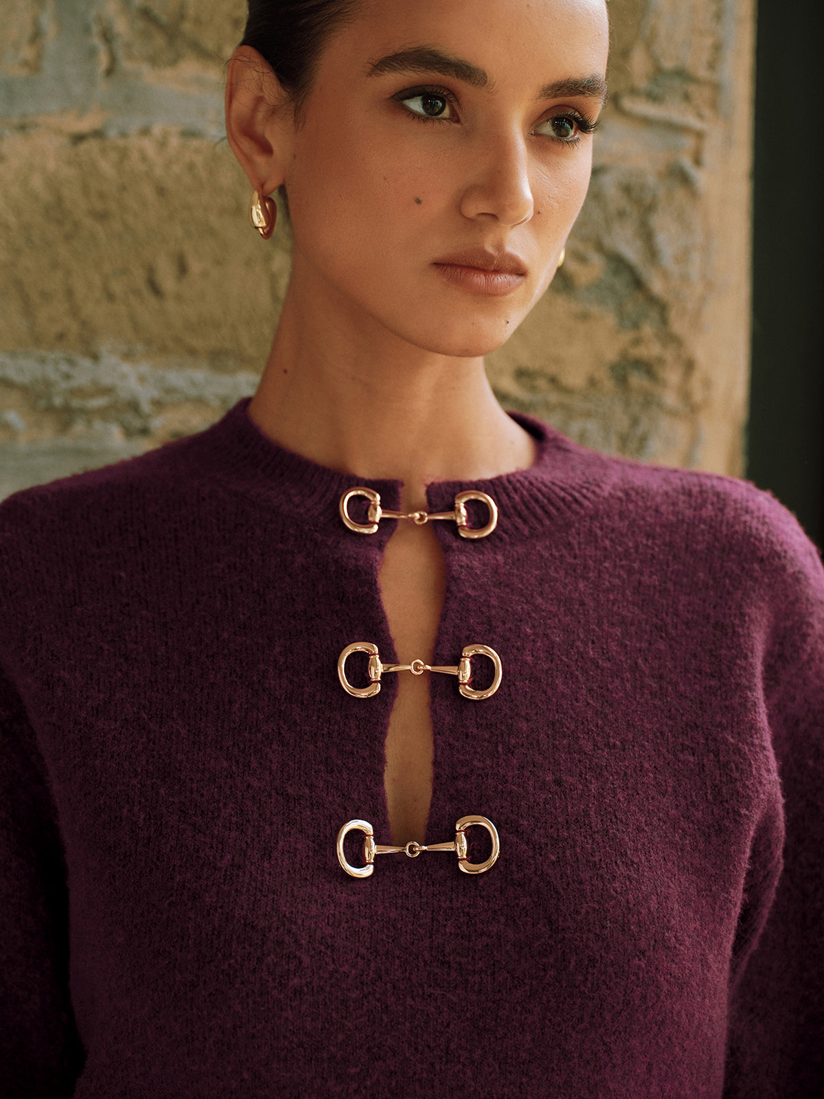 Horsebit Detail Long Sleeve Sweater-Chicvia