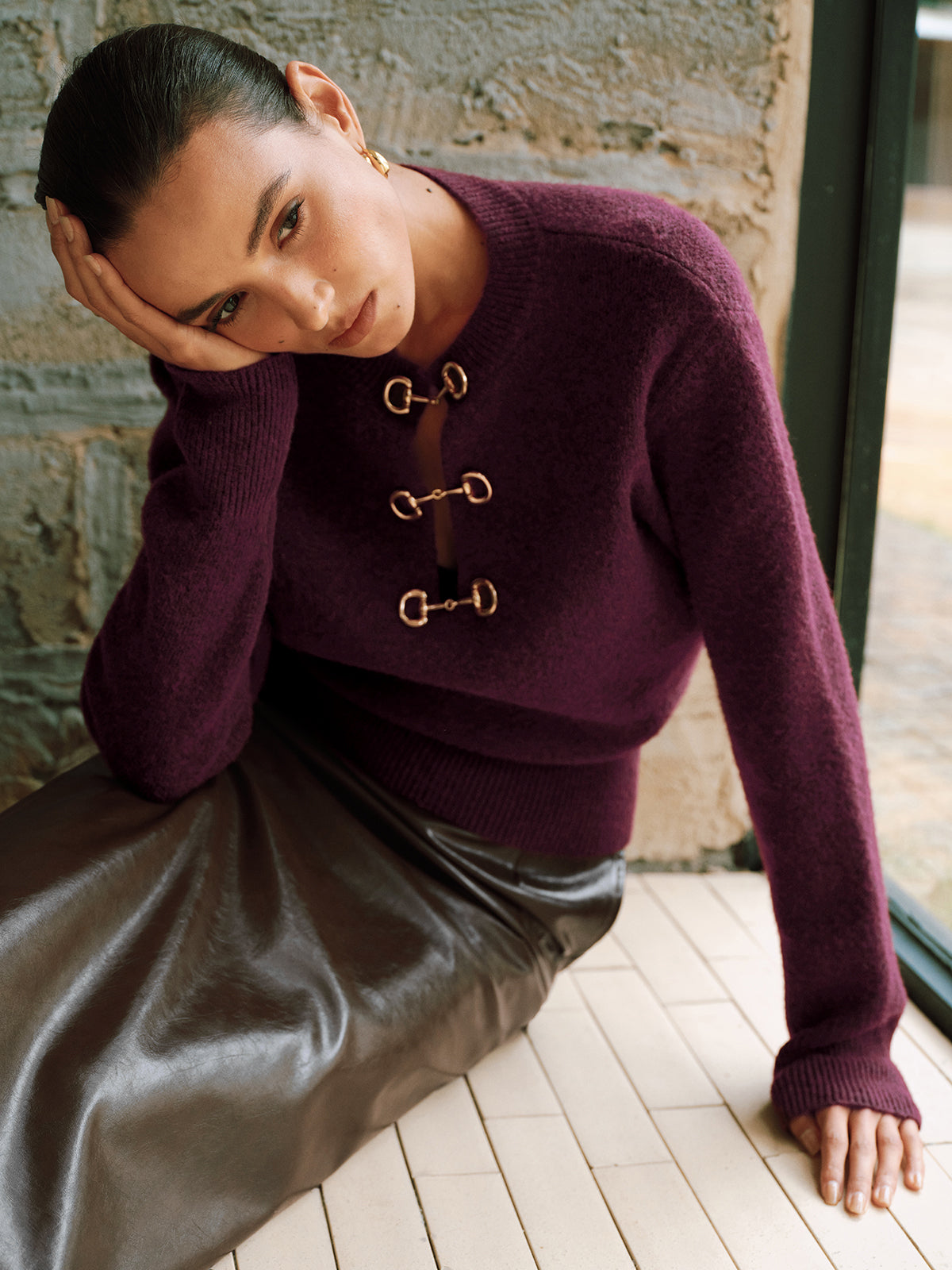 Horsebit Detail Long Sleeve Sweater-Chicvia