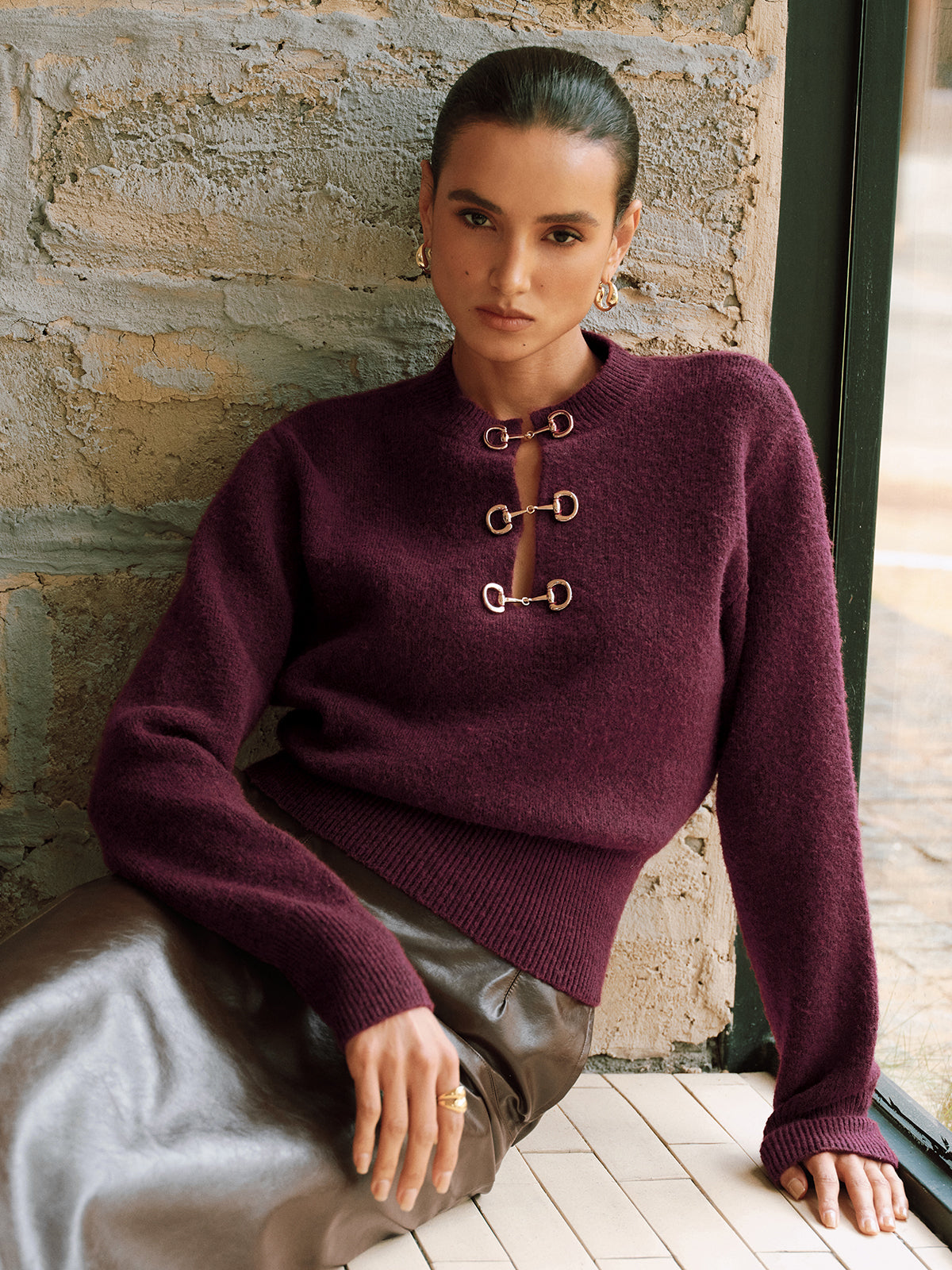 Horsebit Detail Long Sleeve Sweater-Chicvia