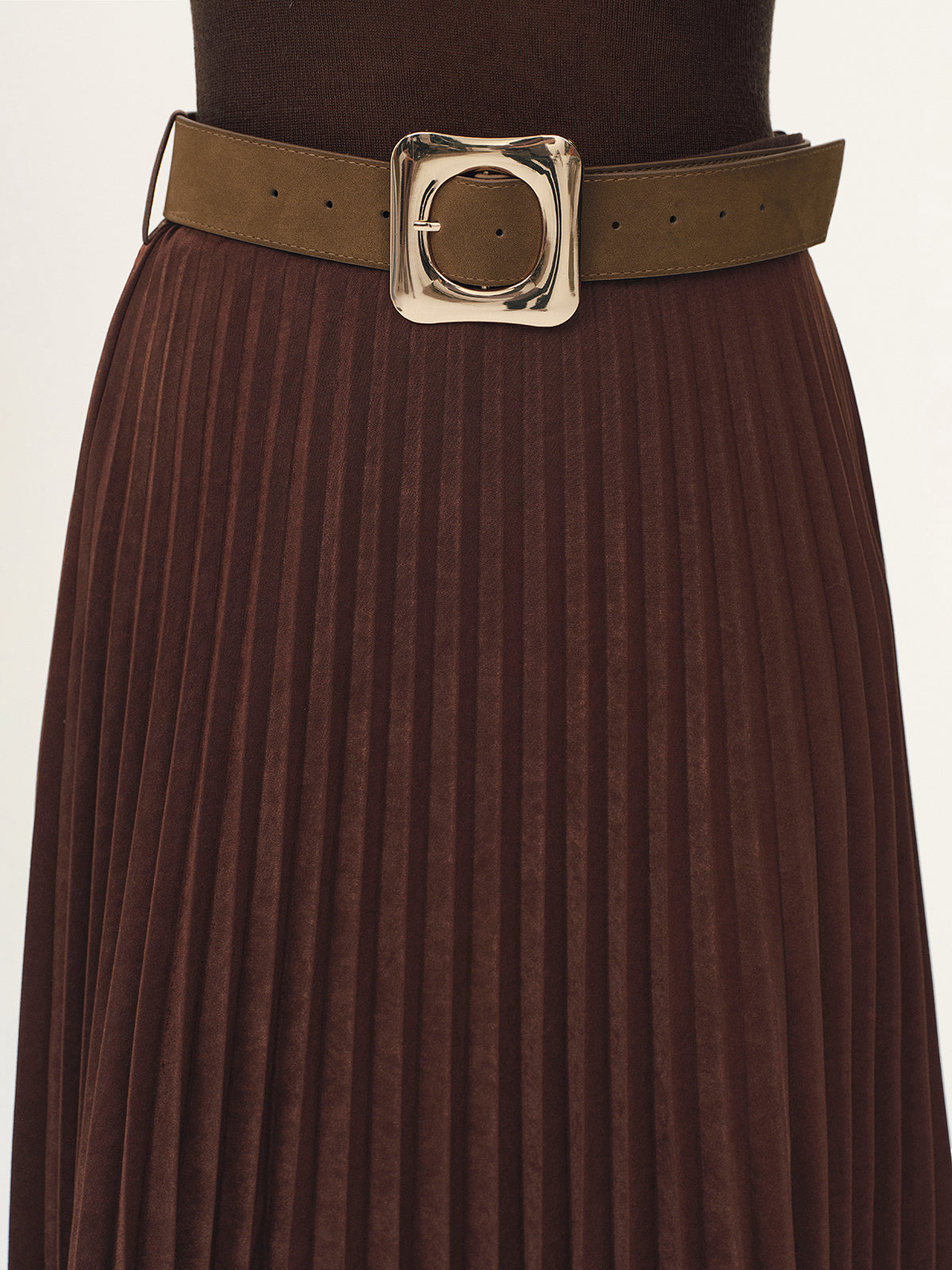 Belted Suede Effect Pleated Midi Skirt-Chicvia