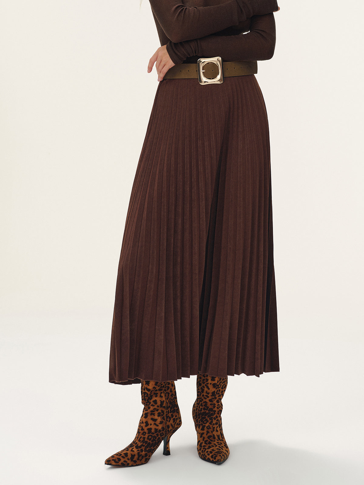 Belted Suede Effect Pleated Midi Skirt-Chicvia