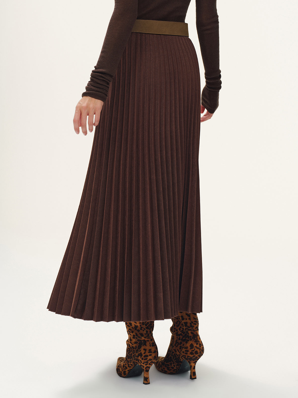 Belted Suede Effect Pleated Midi Skirt-Chicvia