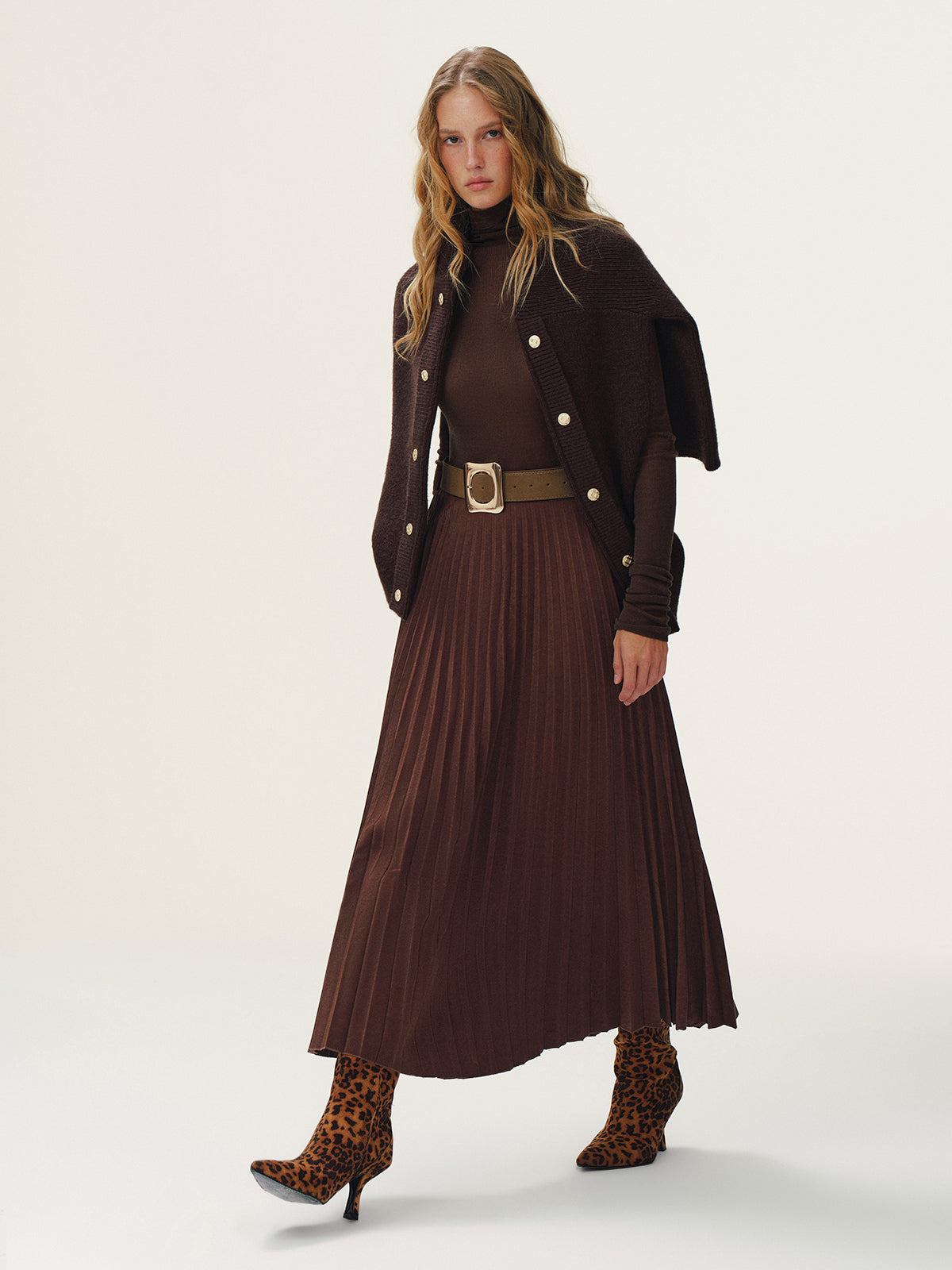 Belted Suede Effect Pleated Midi Skirt-Chicvia