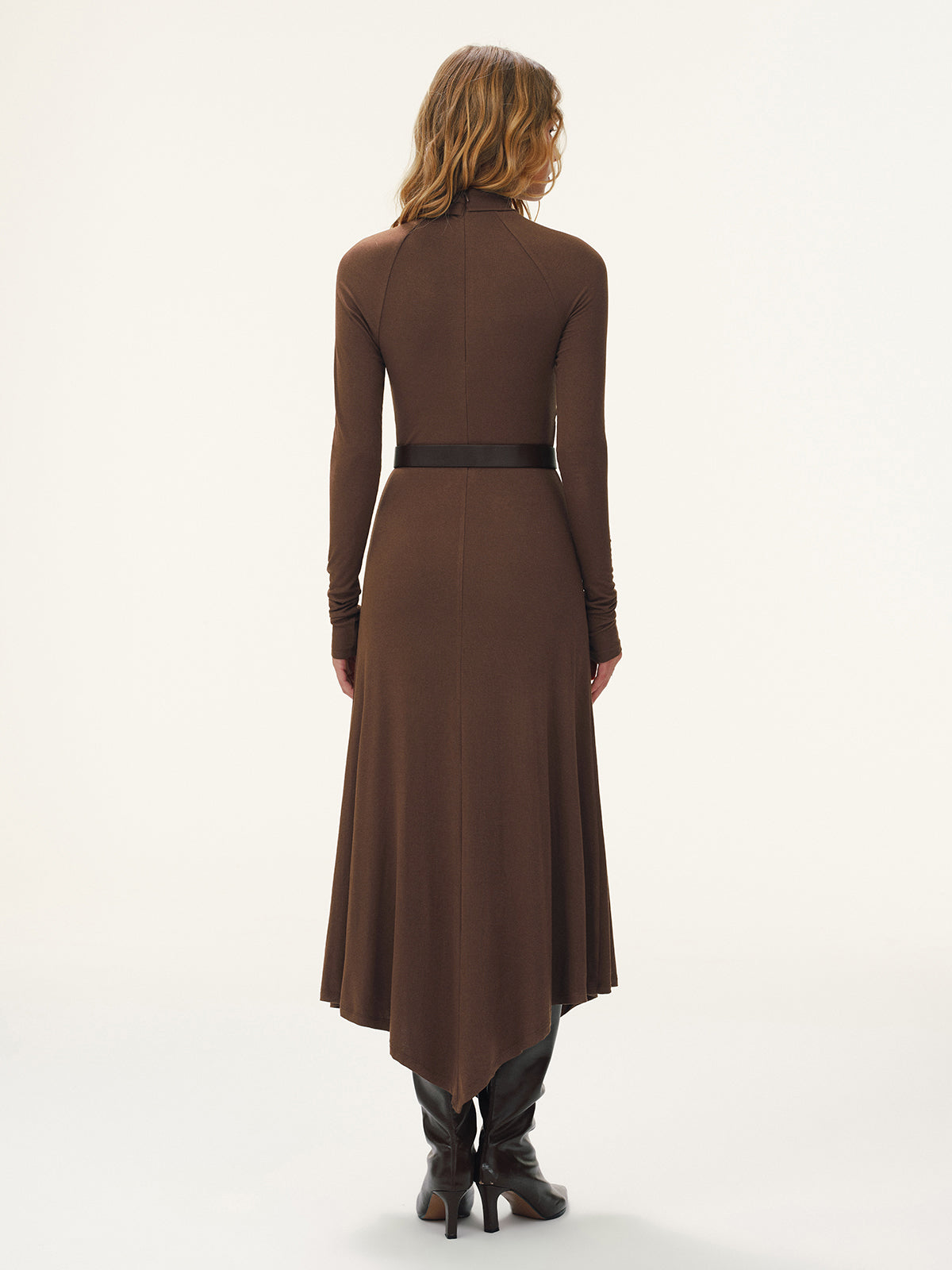 Belted Turtleneck Asymmetric Maxi Dress-Chicvia