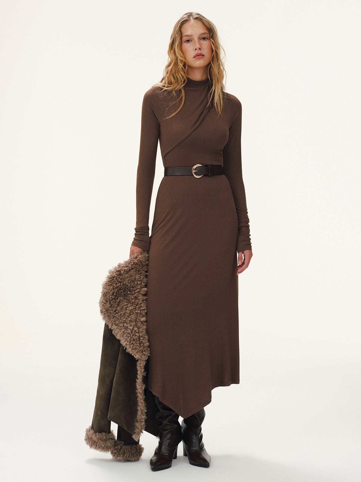 Belted Turtleneck Asymmetric Maxi Dress-Chicvia