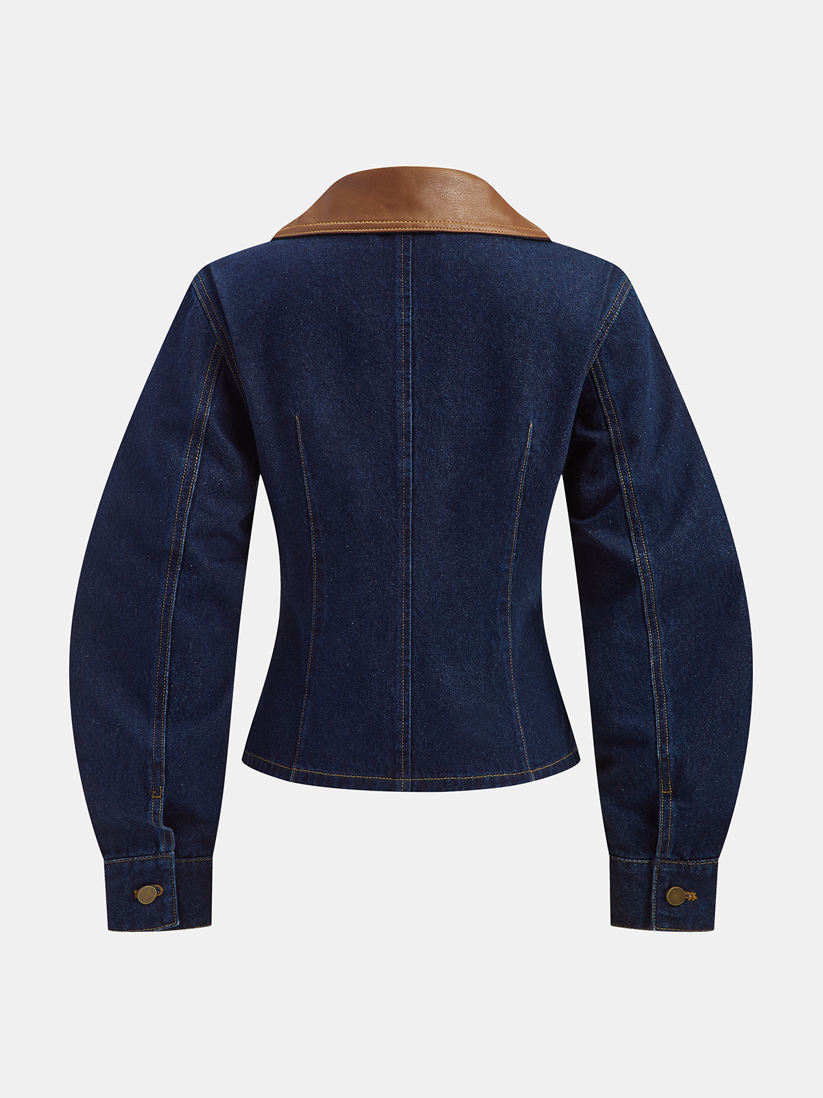 Curved Sleeve Contrast Collar Denim Jacket-Chicvia