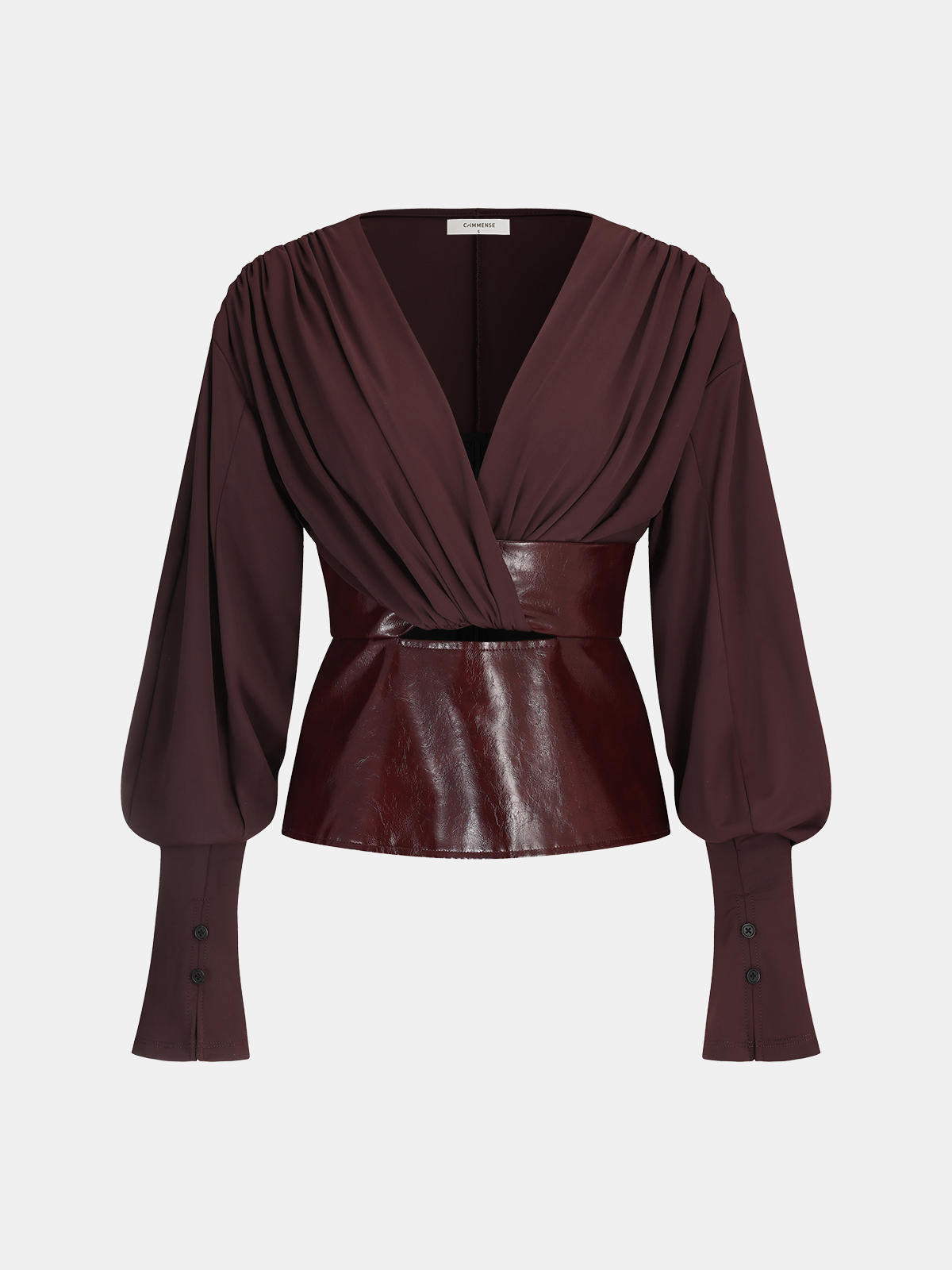 Faux Leather Panel Lantern Sleeve Blouse-Chicvia