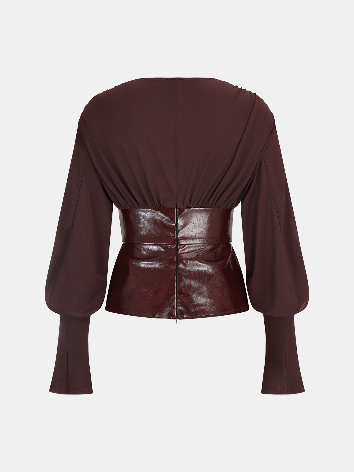 Faux Leather Panel Lantern Sleeve Blouse-Chicvia