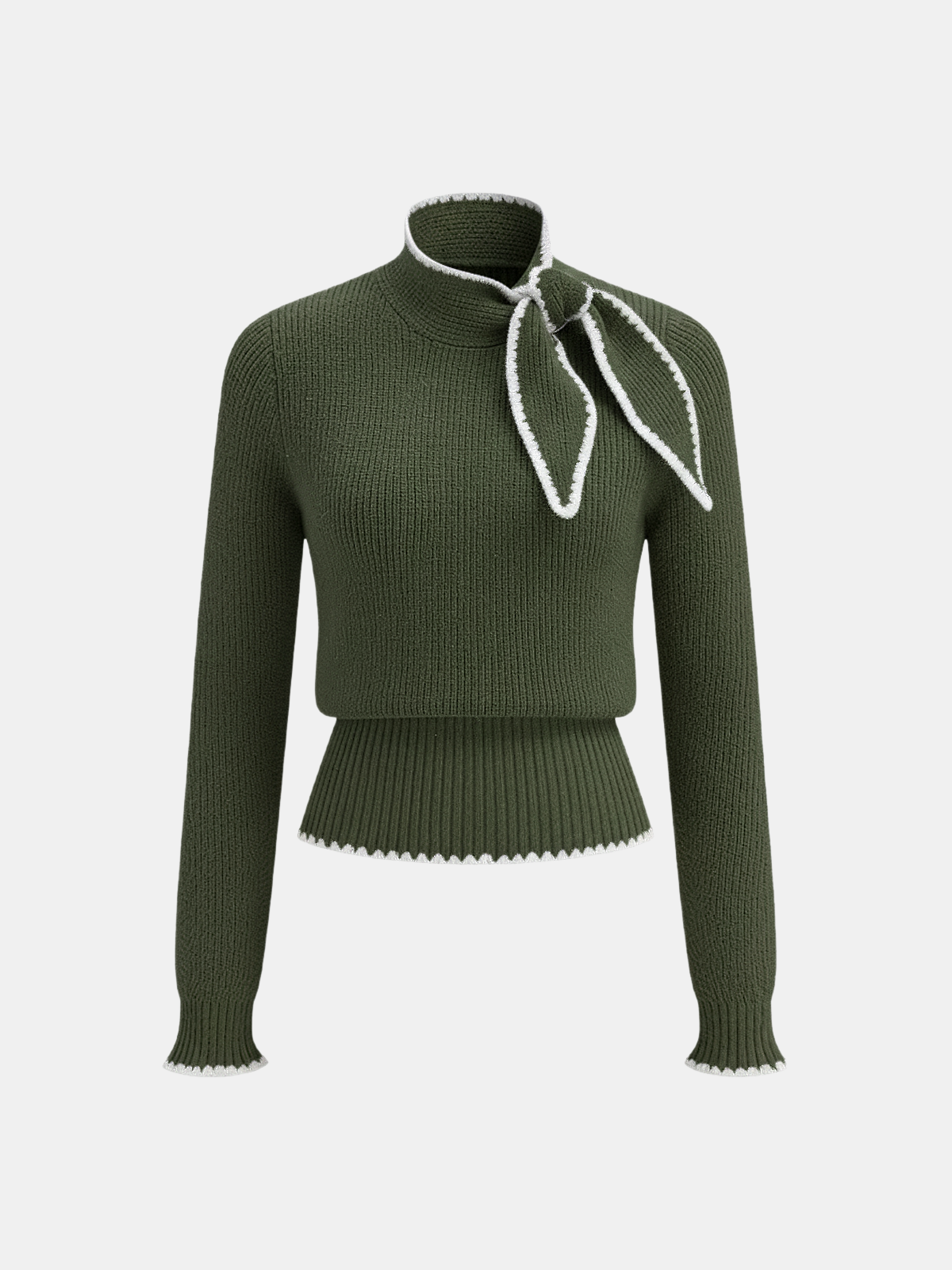Mock Neck Tie Neck Contrast Stitch Sweater-Chicvia
