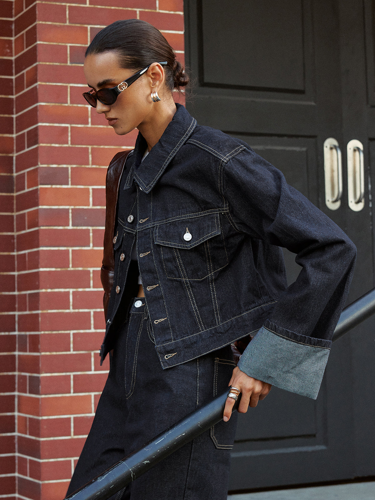 Cuffed Sleeve Denim Jacket-Chicvia