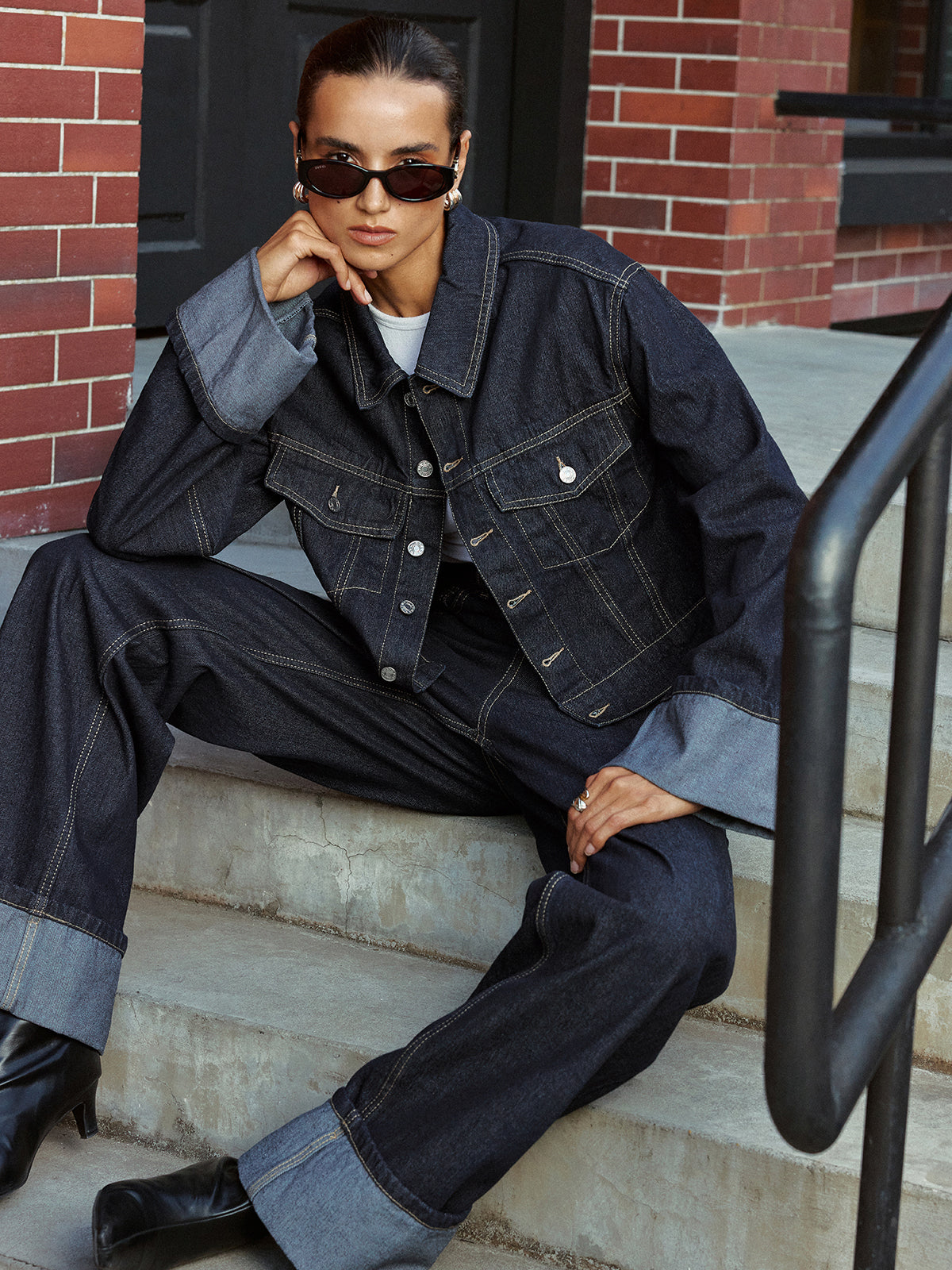 Cuffed Sleeve Denim Jacket-Chicvia