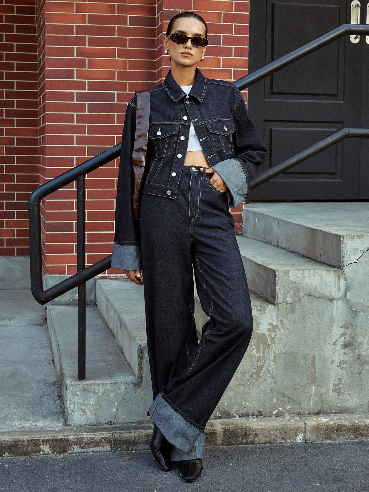 Cuffed Sleeve Denim Jacket-Chicvia