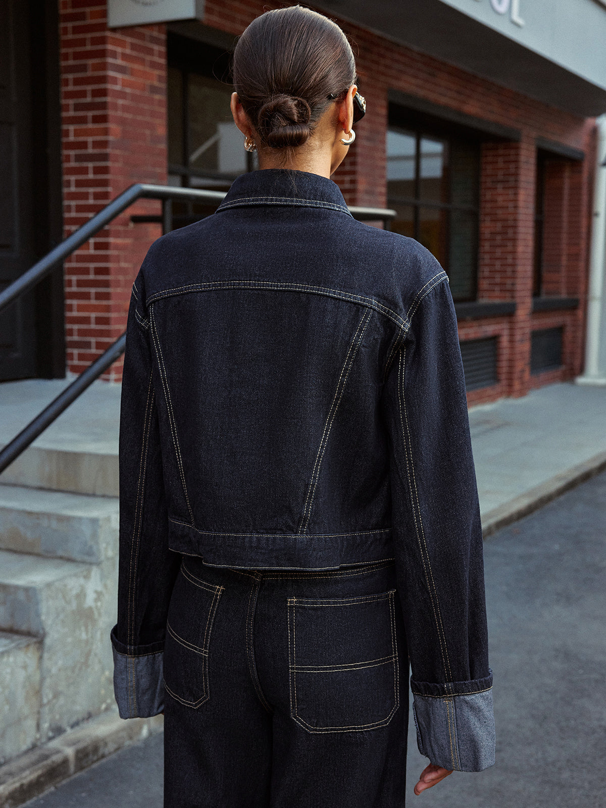 Cuffed Sleeve Denim Jacket-Chicvia