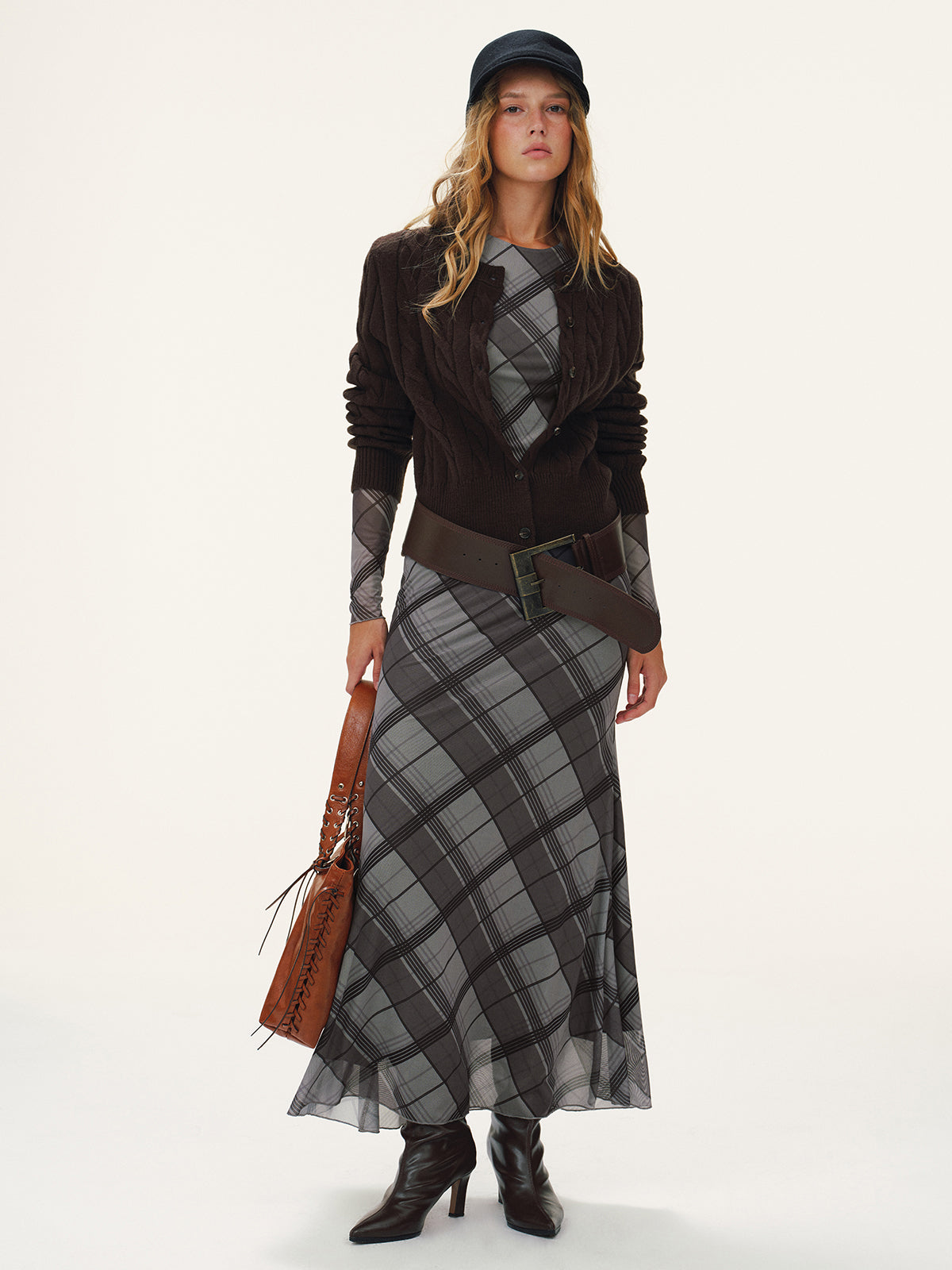 Plaid Mesh Long Sleeve Maxi Dress without Belt-Chicvia