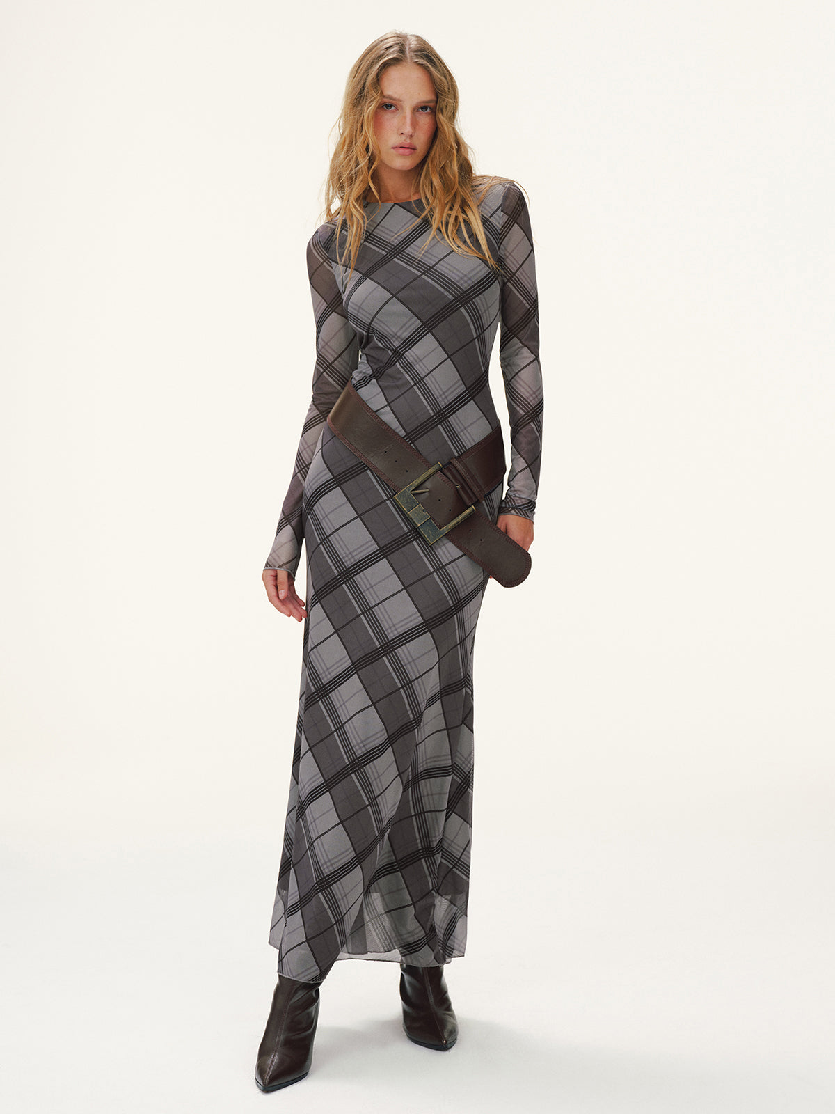 Plaid Mesh Long Sleeve Maxi Dress without Belt-Chicvia